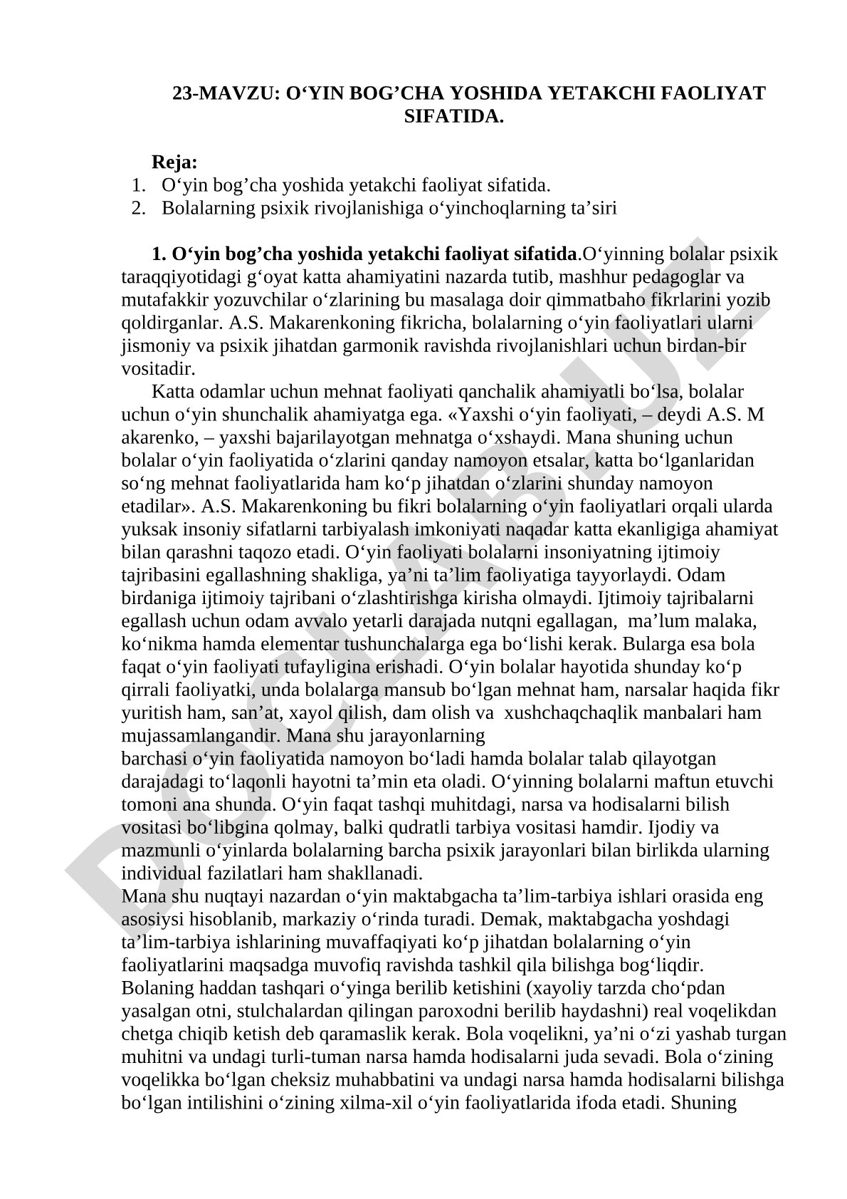 O'yin bog'cha yoshida yetakchi faoliyat sifatida
