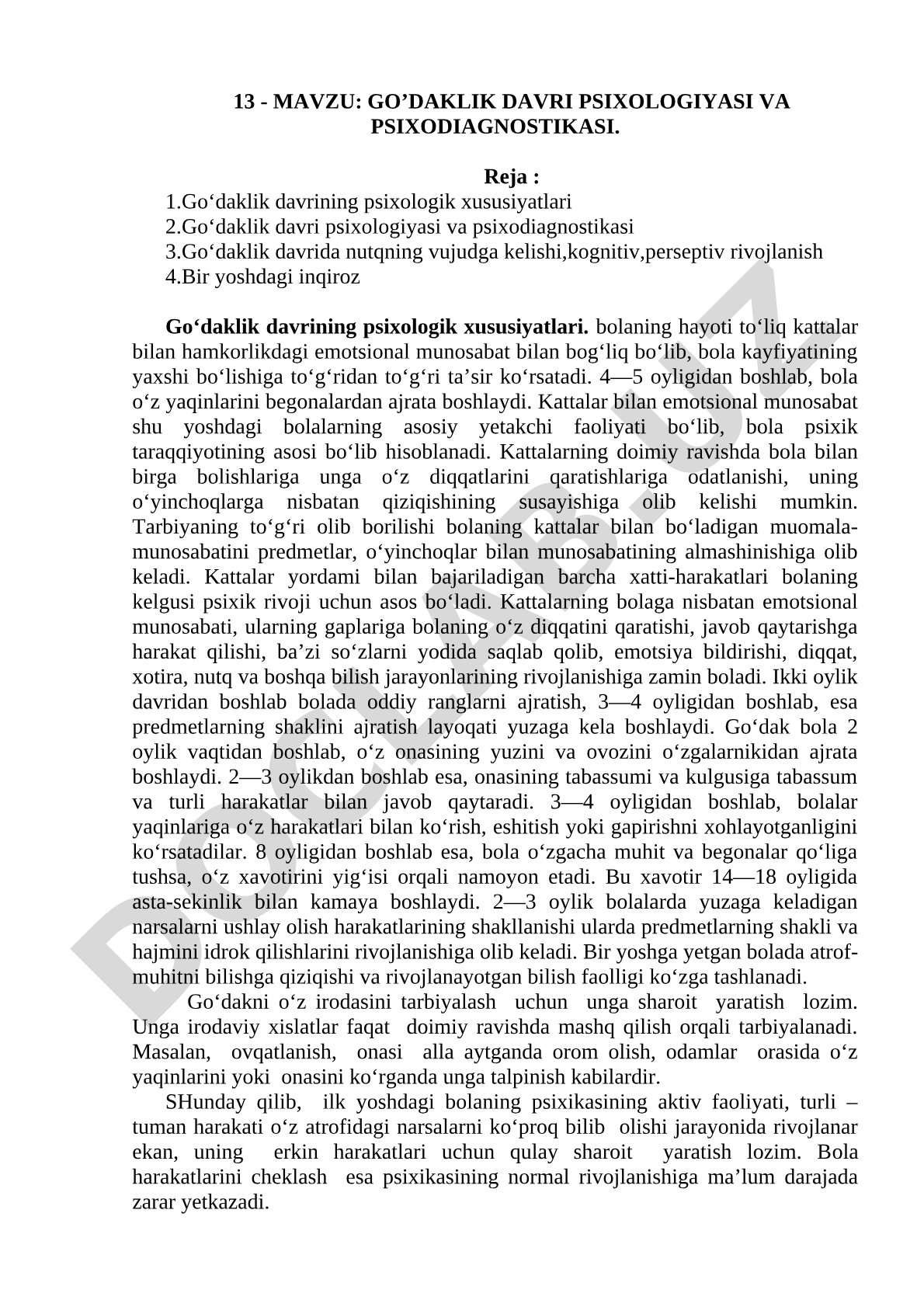 Go'daklik davri psixologiyasi va psixodiagnostikasi