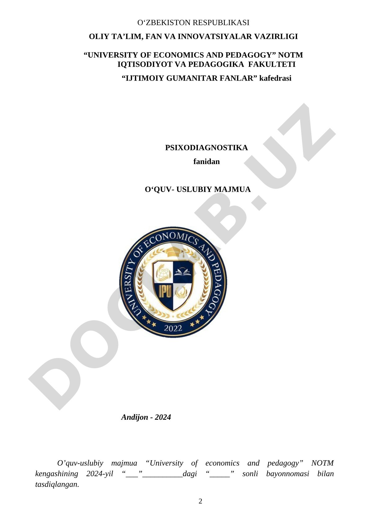 Psixodiagnostika fanidan o'quv-uslubiy majmua