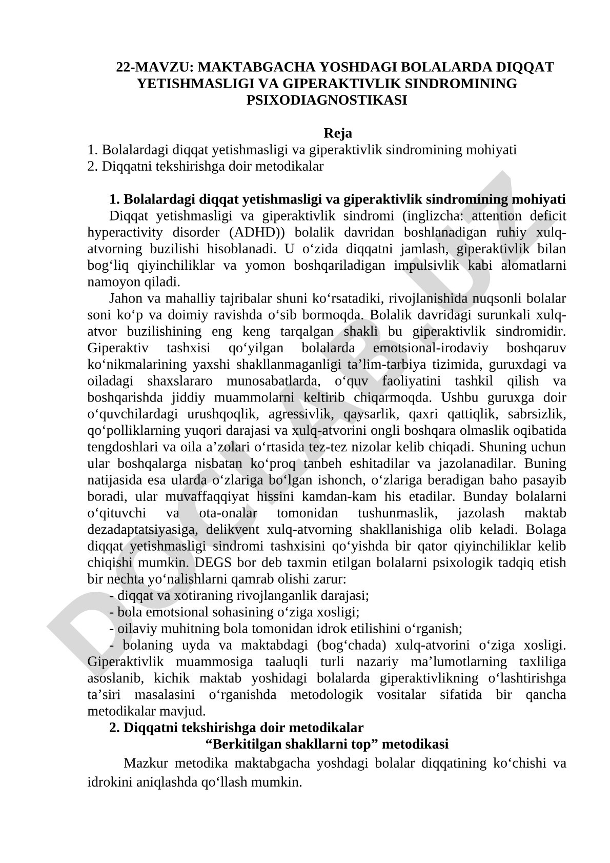 Maktabgacha yoshdagi bolalarda diqqat yetishmasligi va giperaktivlik sindromining psixodiagnostikasi