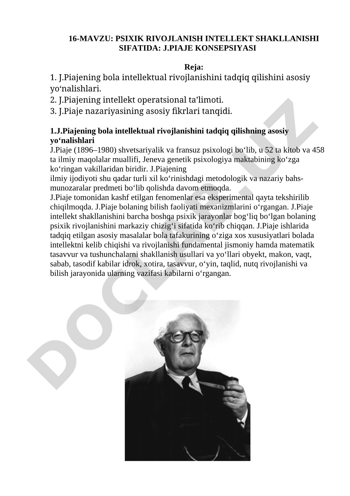 Psixik rivojlanish intellekt shakllanishi sifatida: J.Piaje konsepsiyasi