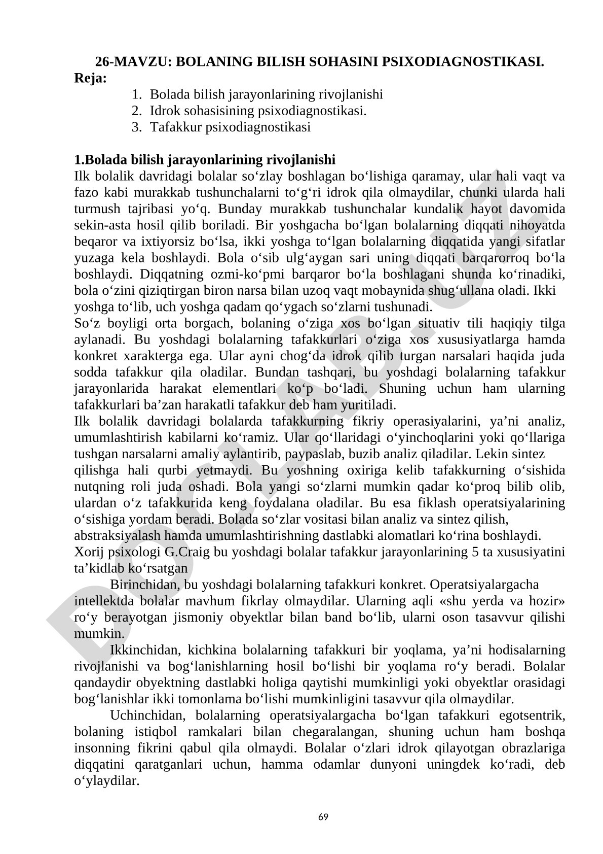 Bolaning bilish sohasini psixodiagnostikasi