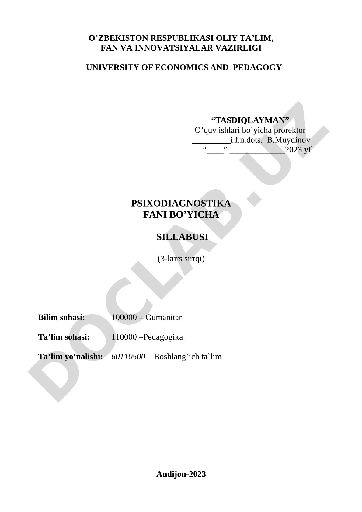 Psixodiagnostika fanidan sillabus (3-kurs sirtqi)