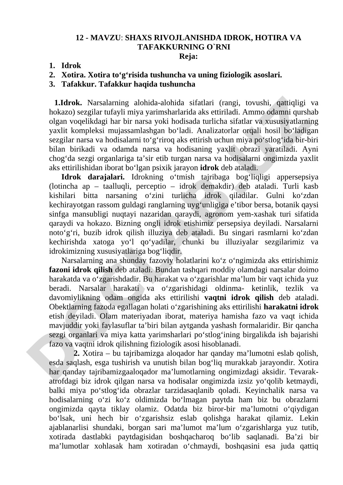 Shaxs rivojlanishda idrok, xotira va tafakkurning o'rni