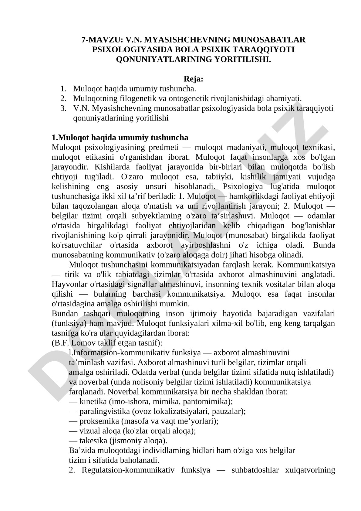 V.N. Myasishchevning munosabatlar psixologiyasida bola psixik taraqqiyoti qonuniyatlarining yoritilishi