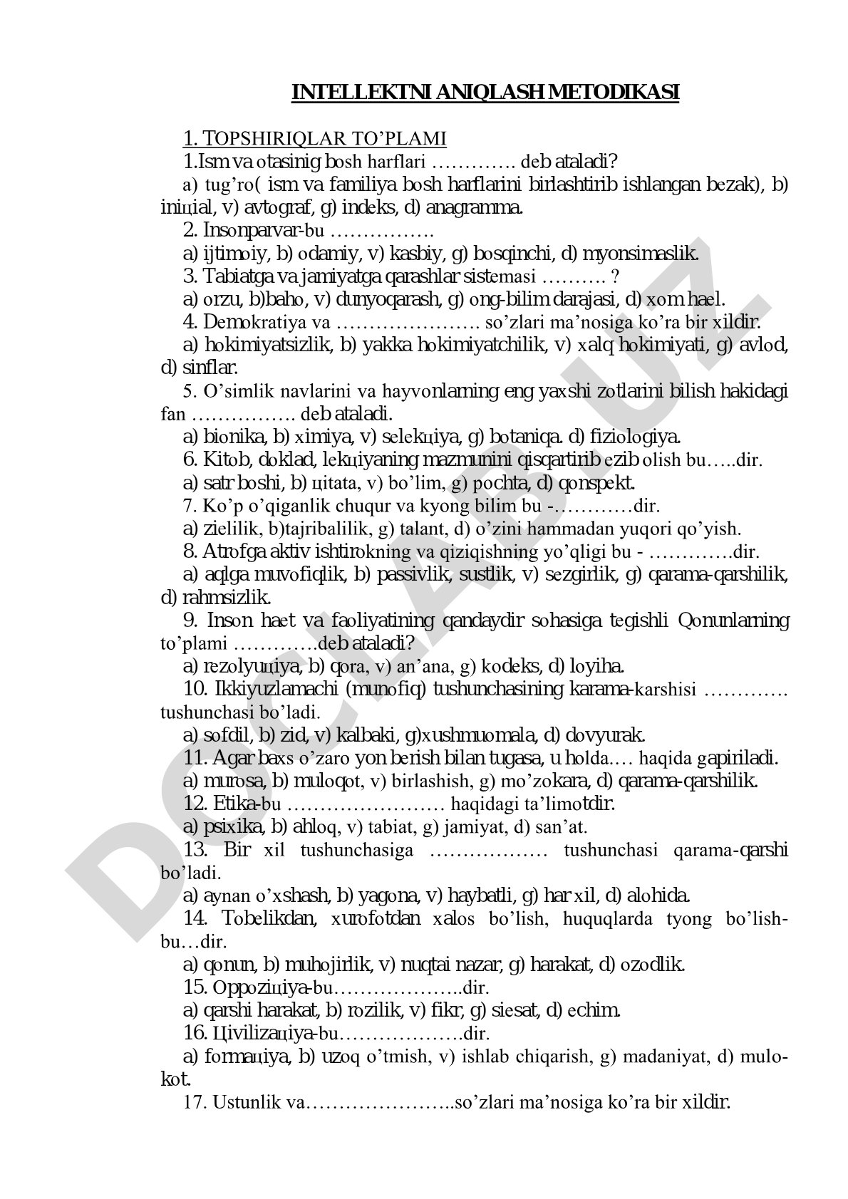 Intellektni aniqlash metodikasi topshiriqlar to'plami