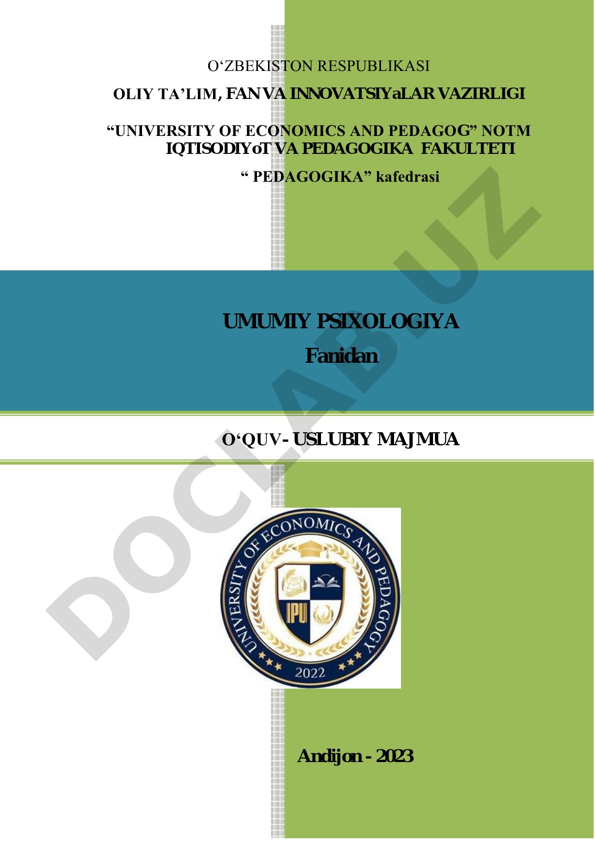 Umumiy psixologiya fanidan o'quv-uslubiy majmua