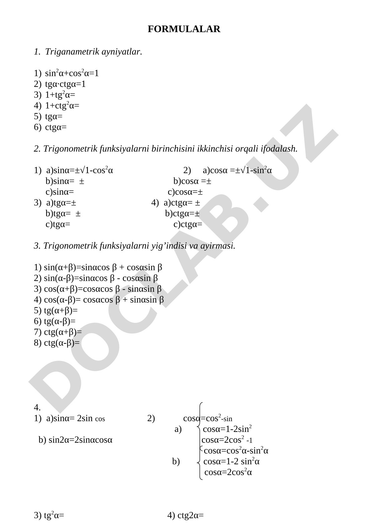 Trigonometrik ayniyatlar va formulalar