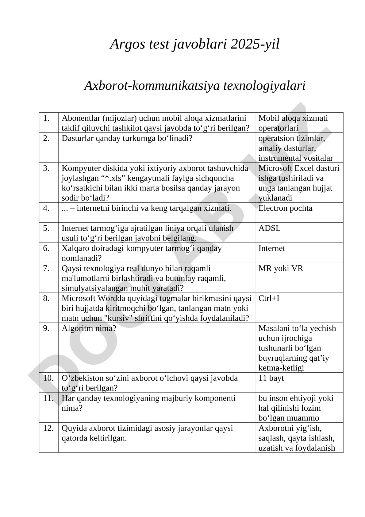Argos test javoblari. Axborot-kommunikatsiya texnologiyalari