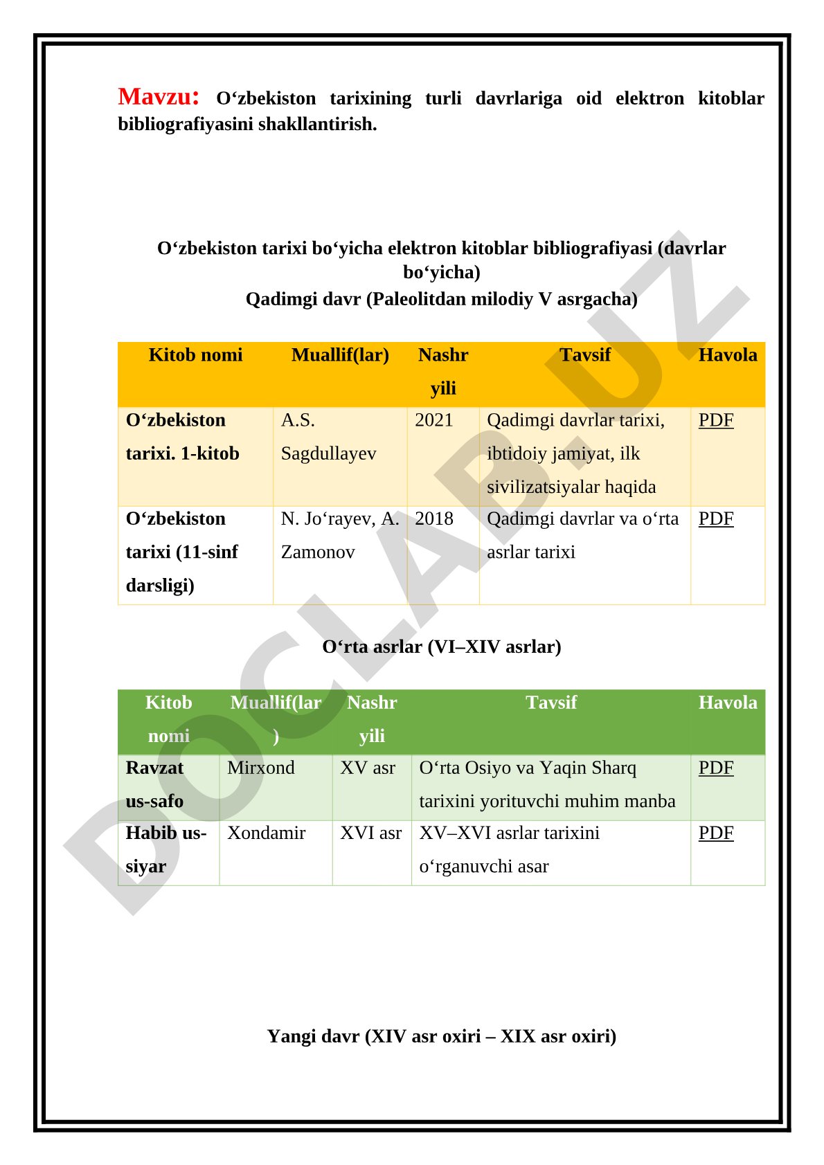Tarix. O‘zbekiston tarixining turli davrlariga oid elektron kitoblar bibliografiyasini shakllantirish.