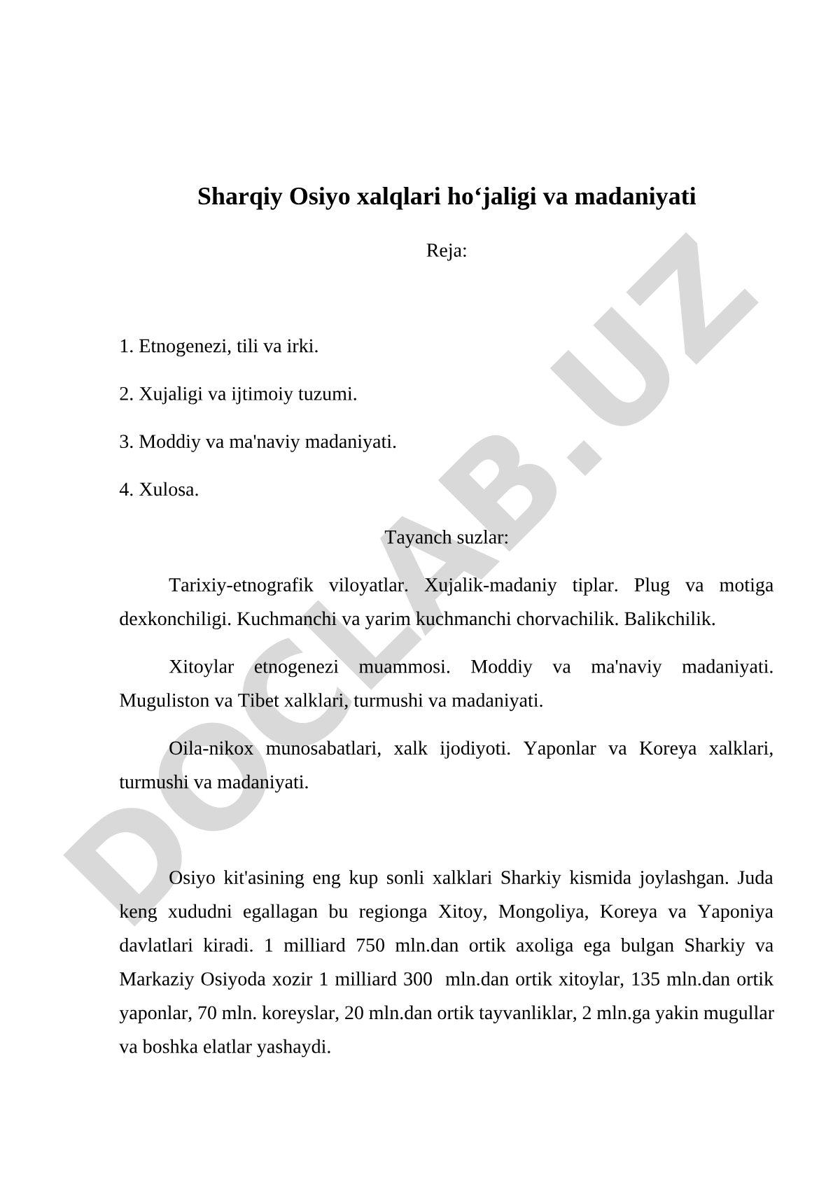 Tarix.Sharqiy Osiyo xalqlari hoʻjaligi va madaniyati