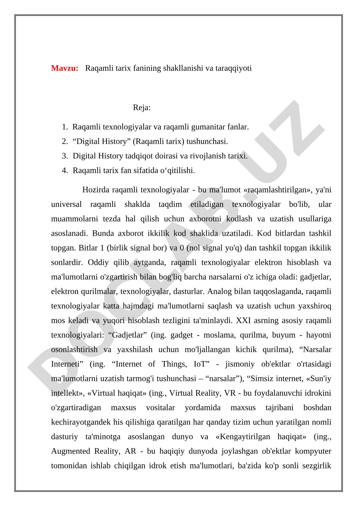 Tarix, Raqamli tarix fanining shakllanishi va taraqqiyoti referat