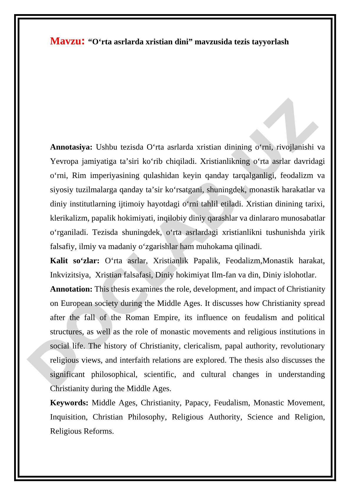 Tarix. “O‘rta asrlarda xristian dini” mavzusida tezis tayyorlash