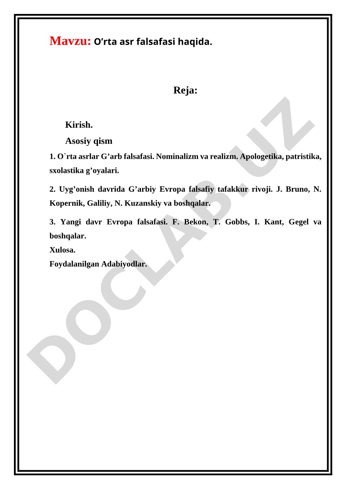 Tarix. O’rta asr falsafasi haqida.