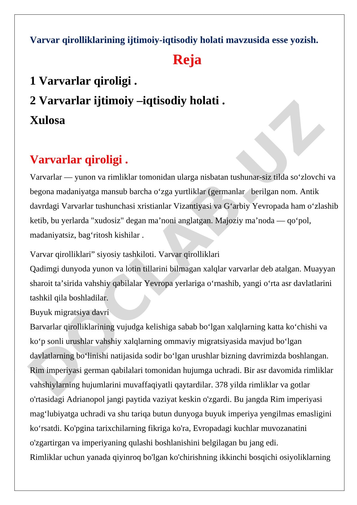 Tarix. Varvar qirolliklarining ijtimoiy-iqtisodiy holati mavzusida esse yozish.