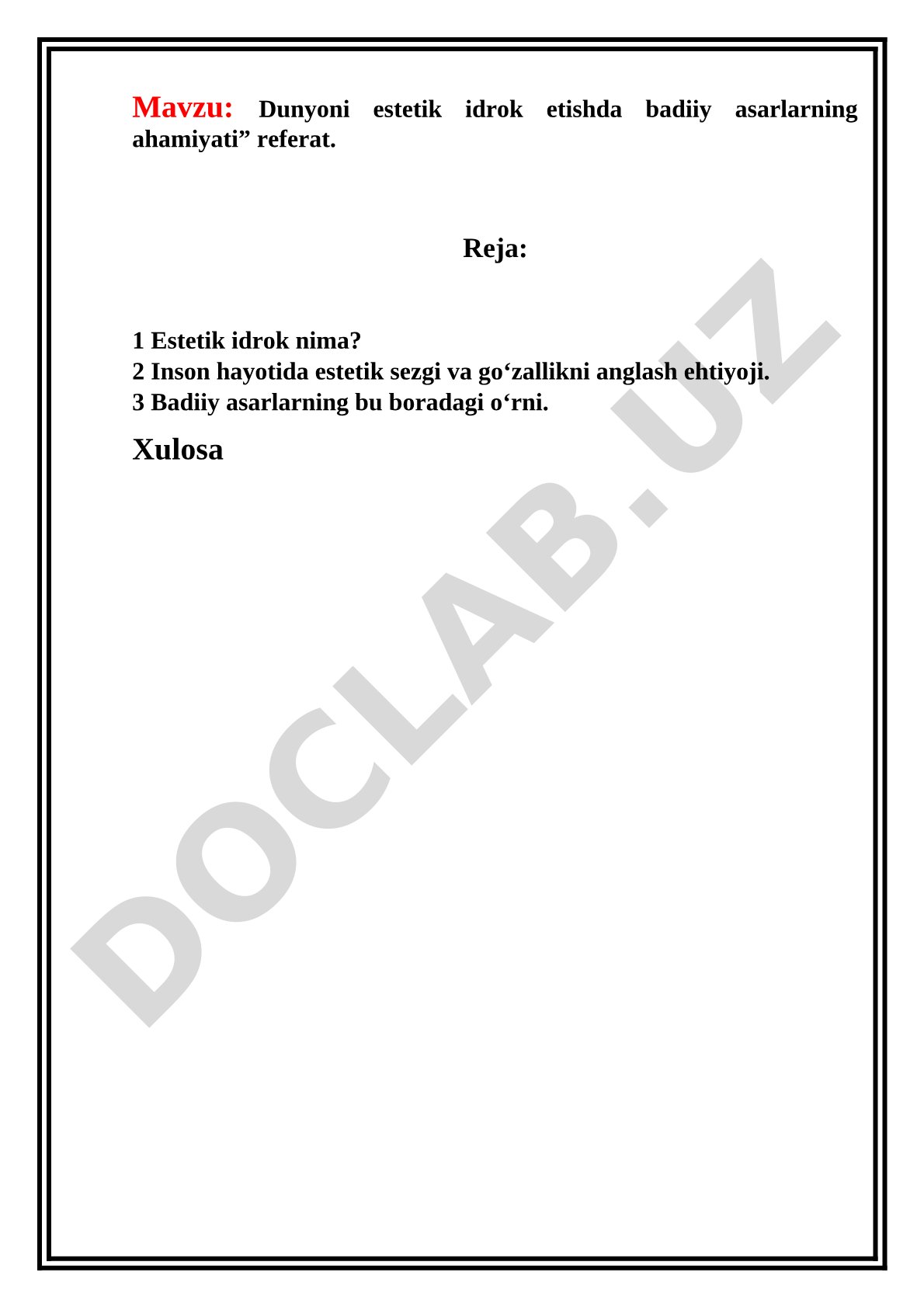 Tarix, Dunyoni estetik idrok etishda badiiy asarlarning ahamiyati” referat.