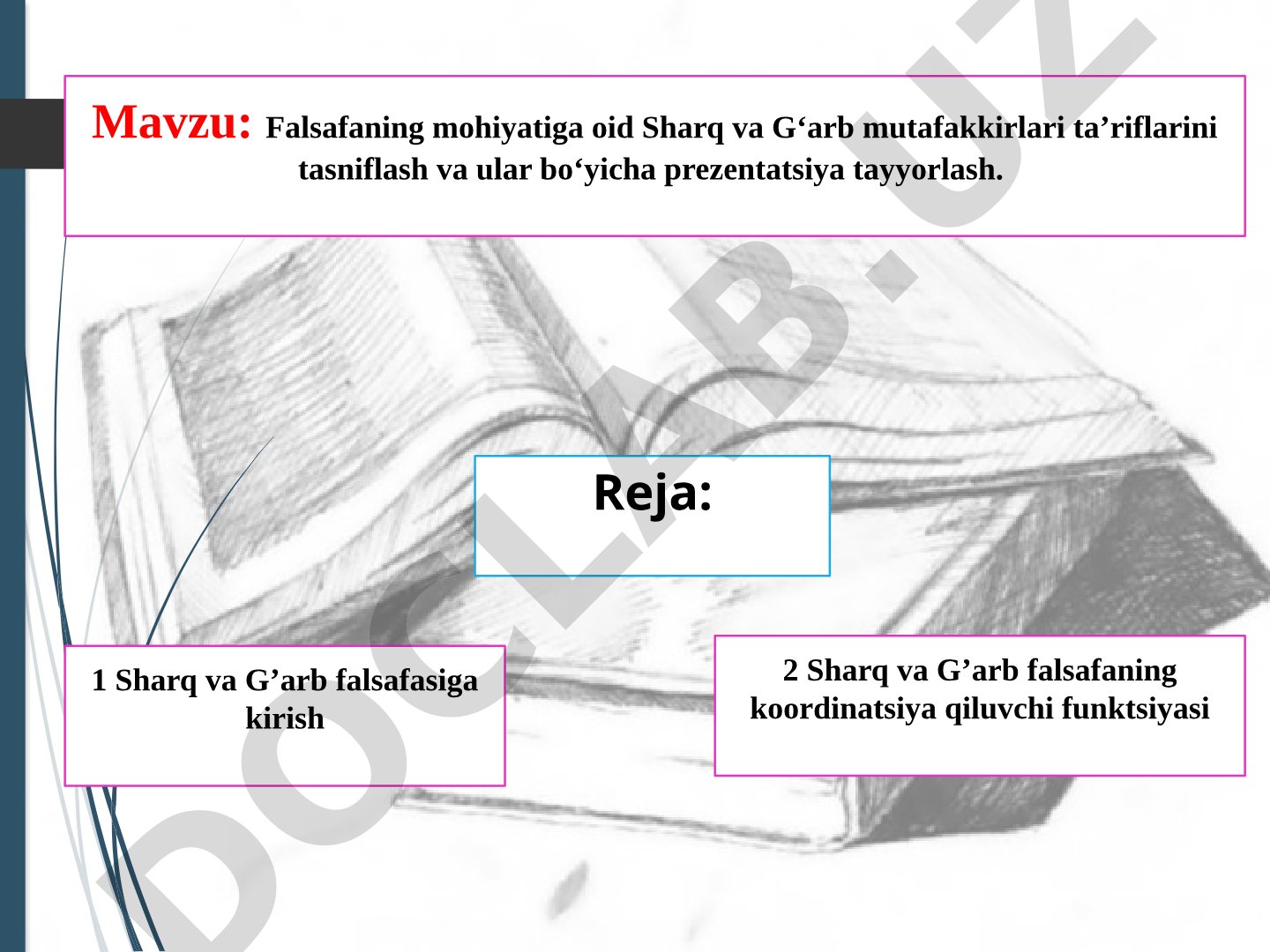 Tarix. Falsafaning mohiyatiga oid Sharq va G‘arb mutafakkirlari ta’riflarini tasniflash va ular bo‘yicha prezentatsiya tayyorlash.