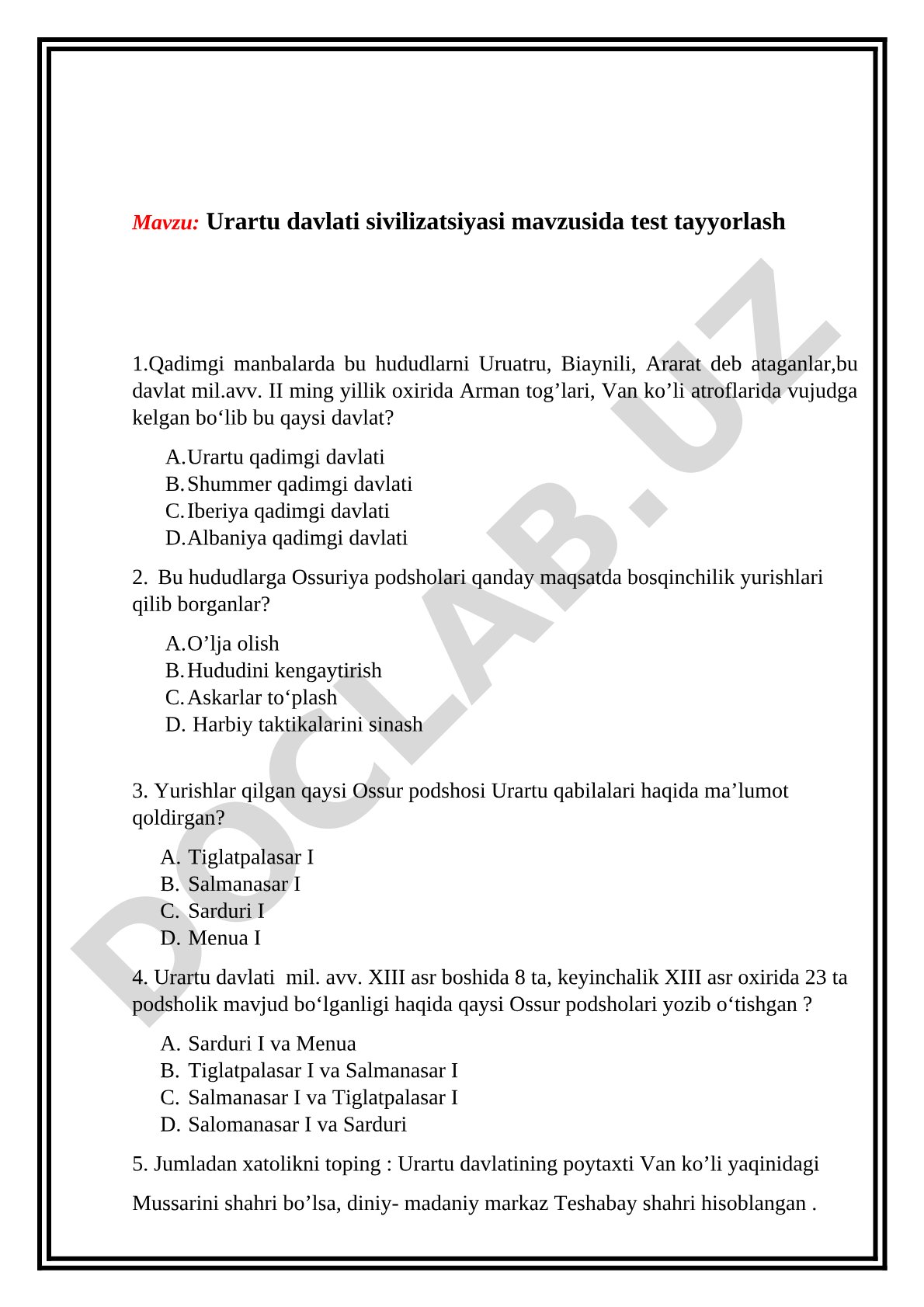 Tarix. Urartu davlati sivilizatsiyasi mavzusida test