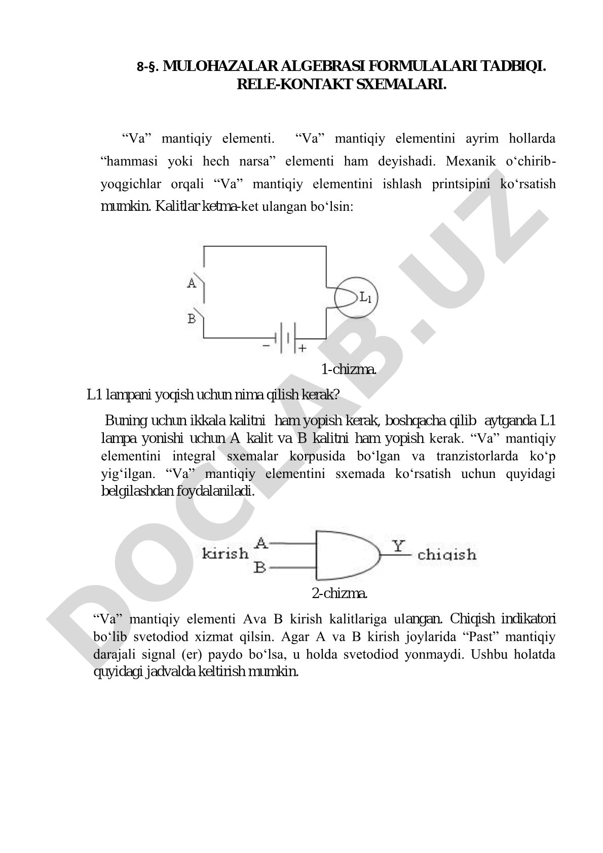 Mulohazalar algebrasi formulalari tadbiqi. Rele-kontakt sxemalari