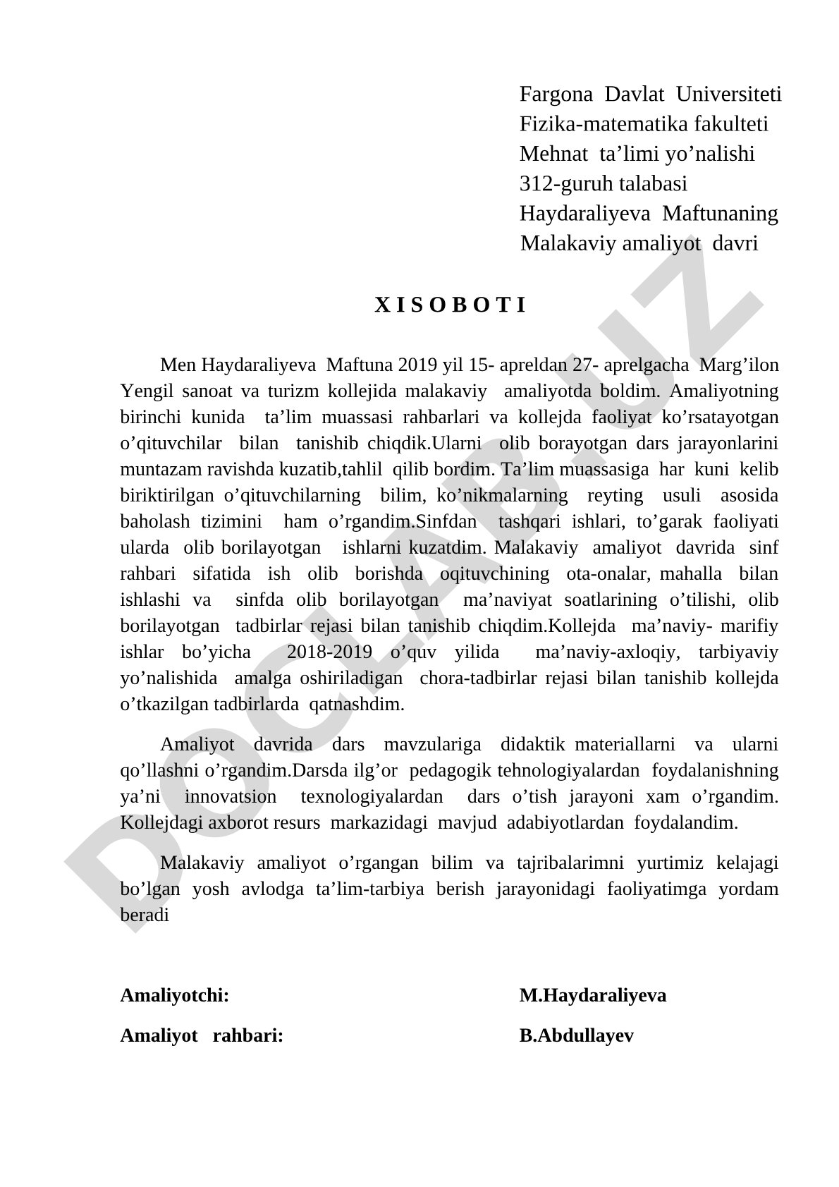Malakaviy amaliyot davri hisoboti