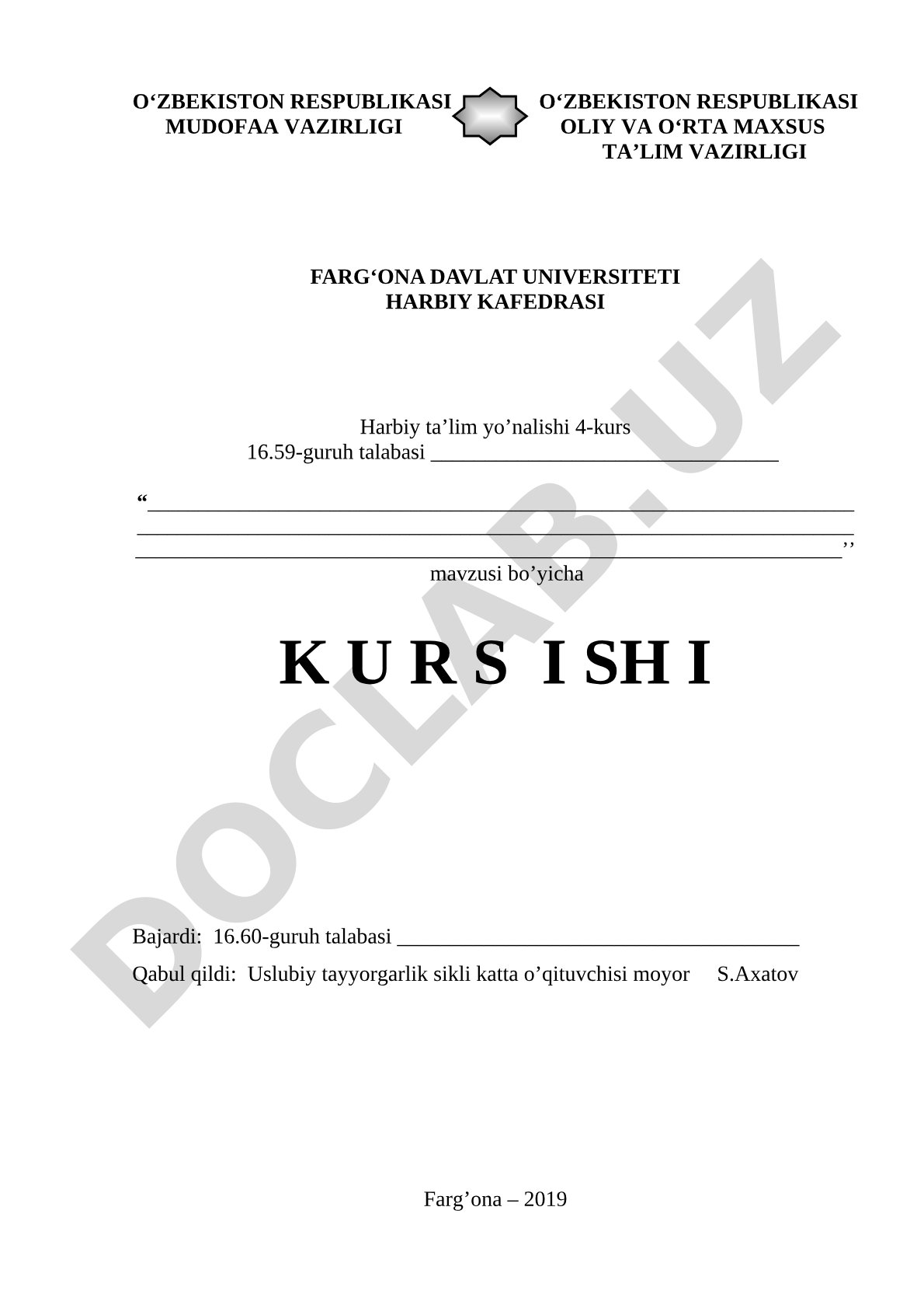 Harbiy ta'lim yo'nalishi kurs ishi