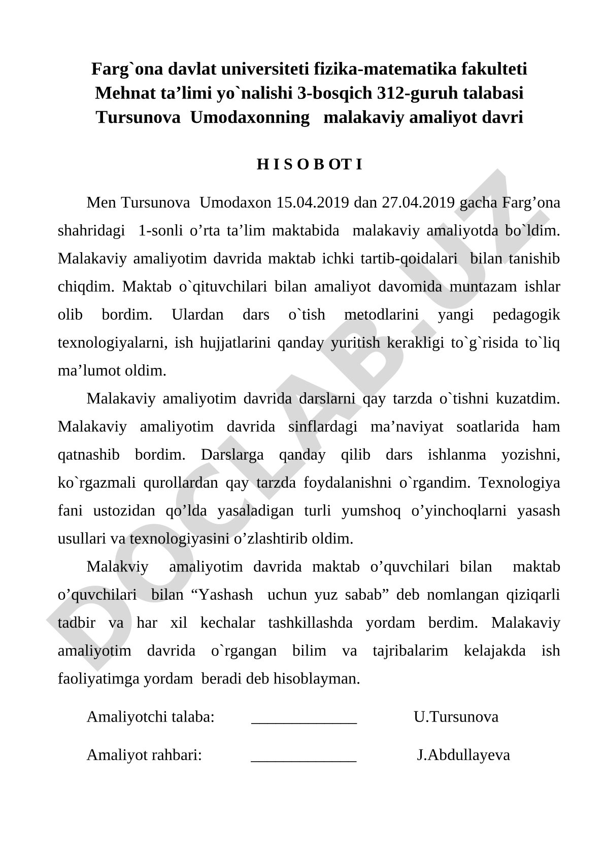 Malakaviy amaliyot hisoboti