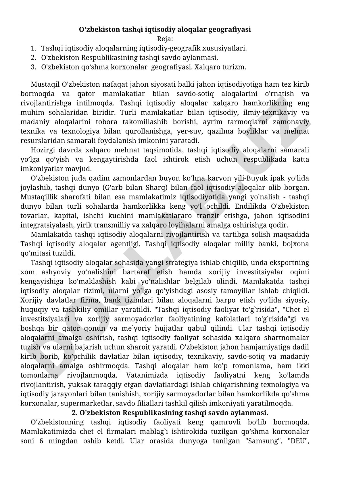 O'zbekiston tashqi iqtisodiy aloqalar geografiyasi