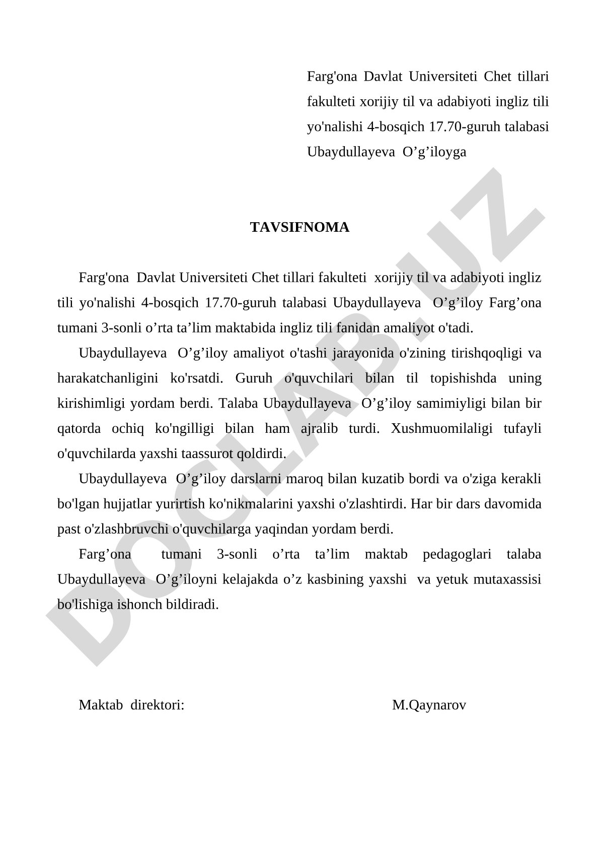 Ubaydullayeva O'g'iloyga tavsifnoma