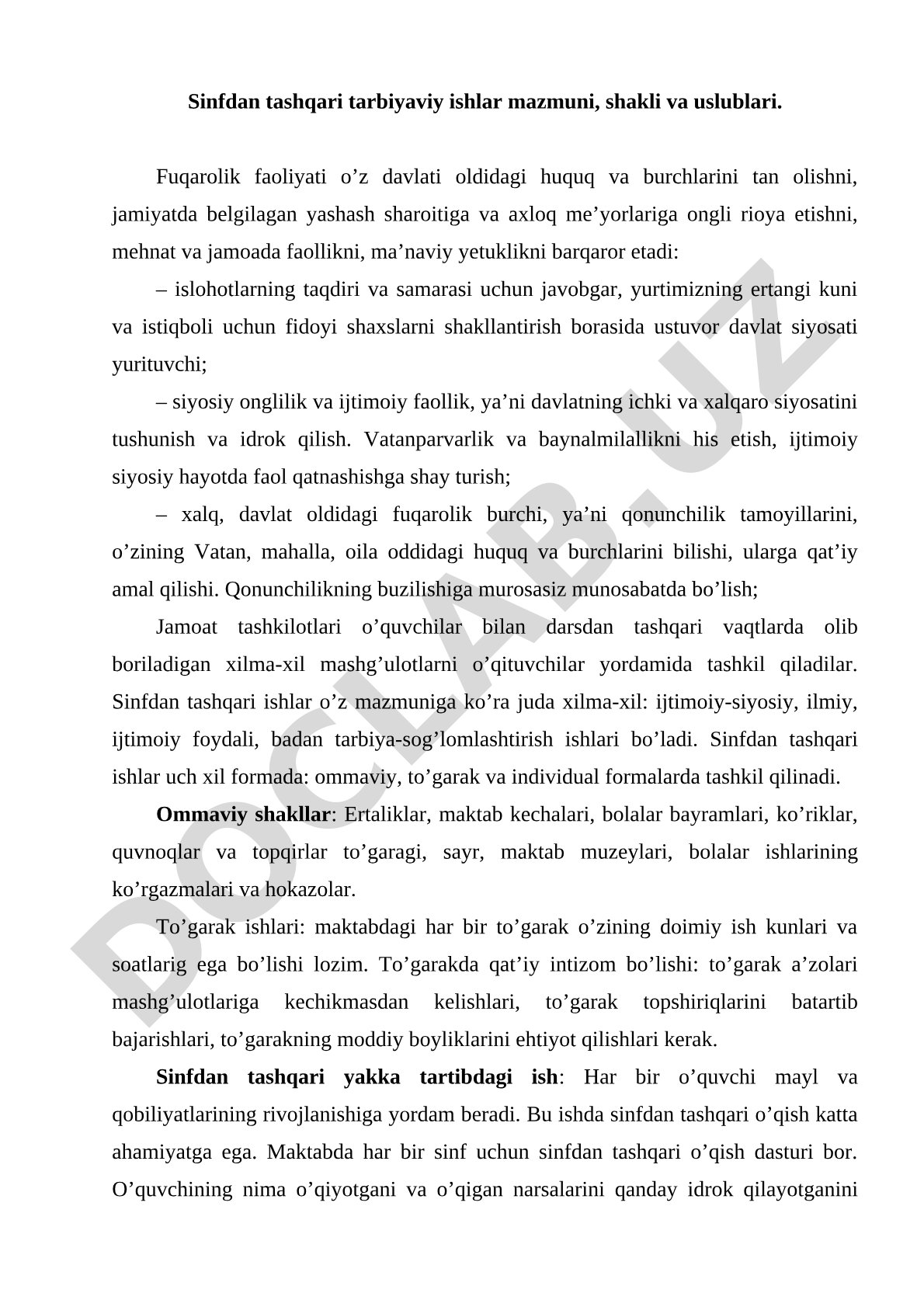 Sinfdan tashqari tarbiyaviy ishlar mazmuni, shakli va uslublari