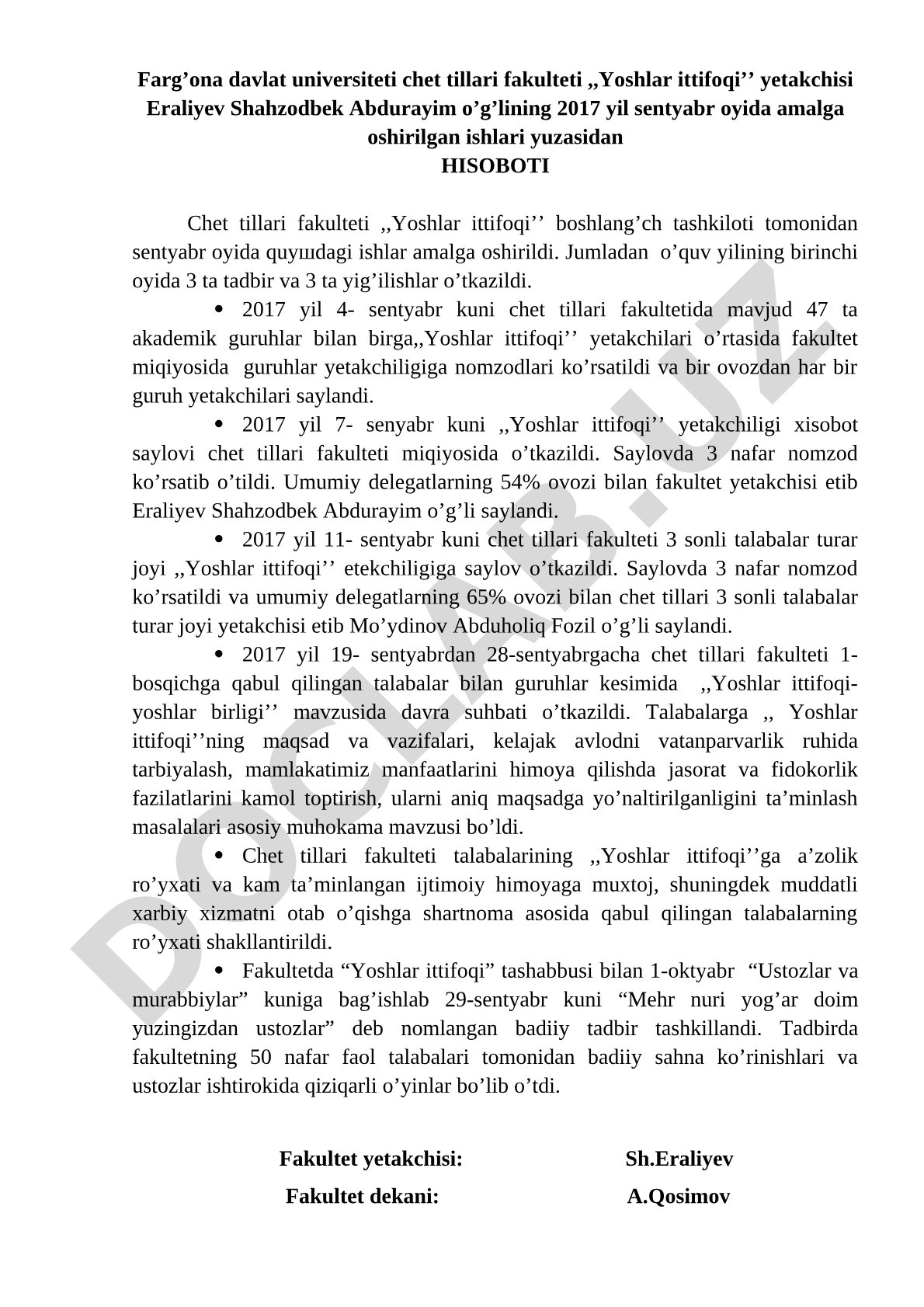 Chet tillari fakulteti Yoshlar ittifoqi yetakchisining sentyabr oyidagi hisoboti