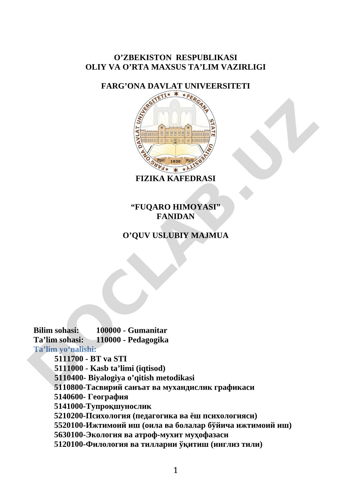 Fuqaro himoyasi fanidan o'quv uslubiy majmua