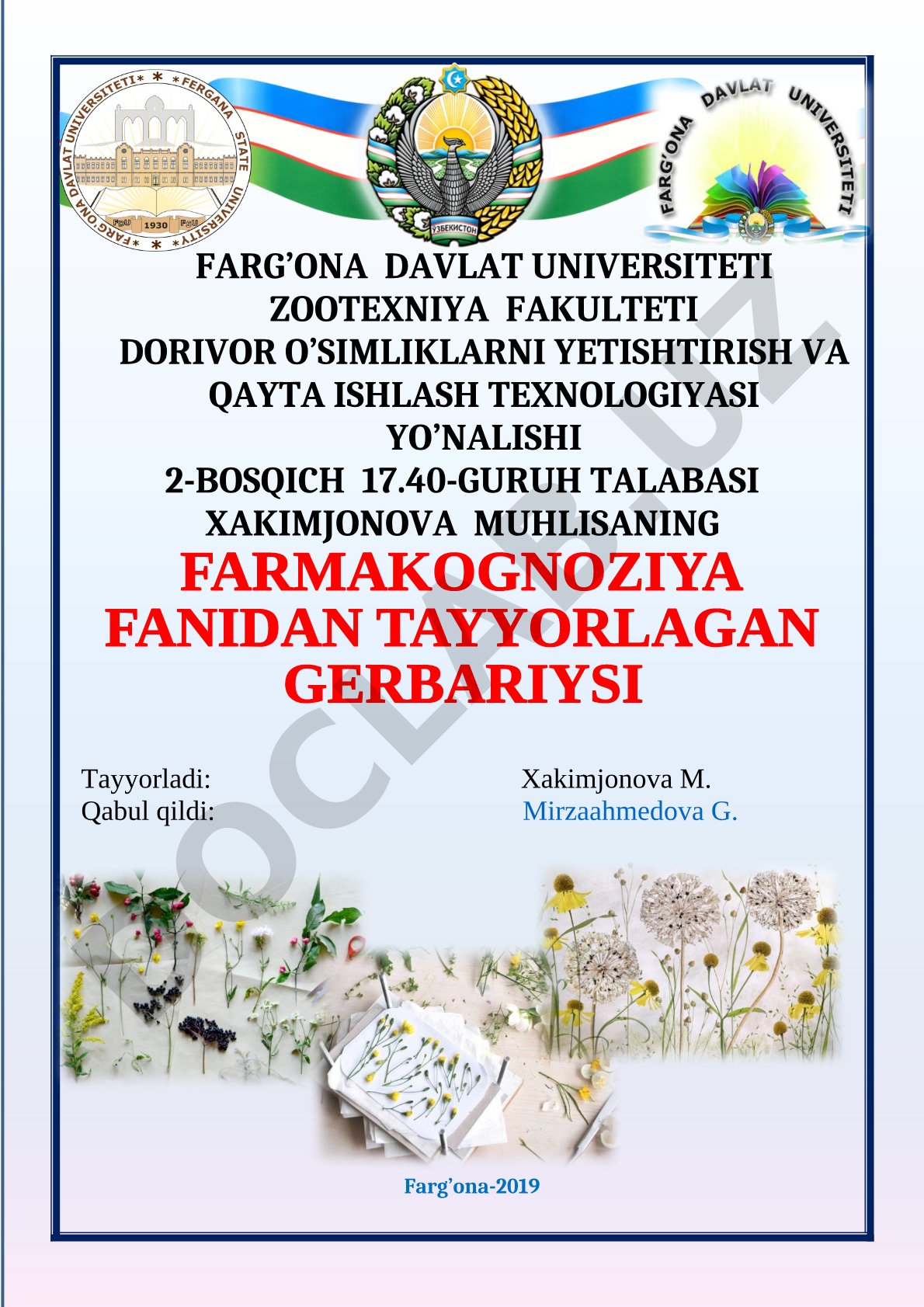 Farmakognoziya fanidan tayyorlangan gerbariy