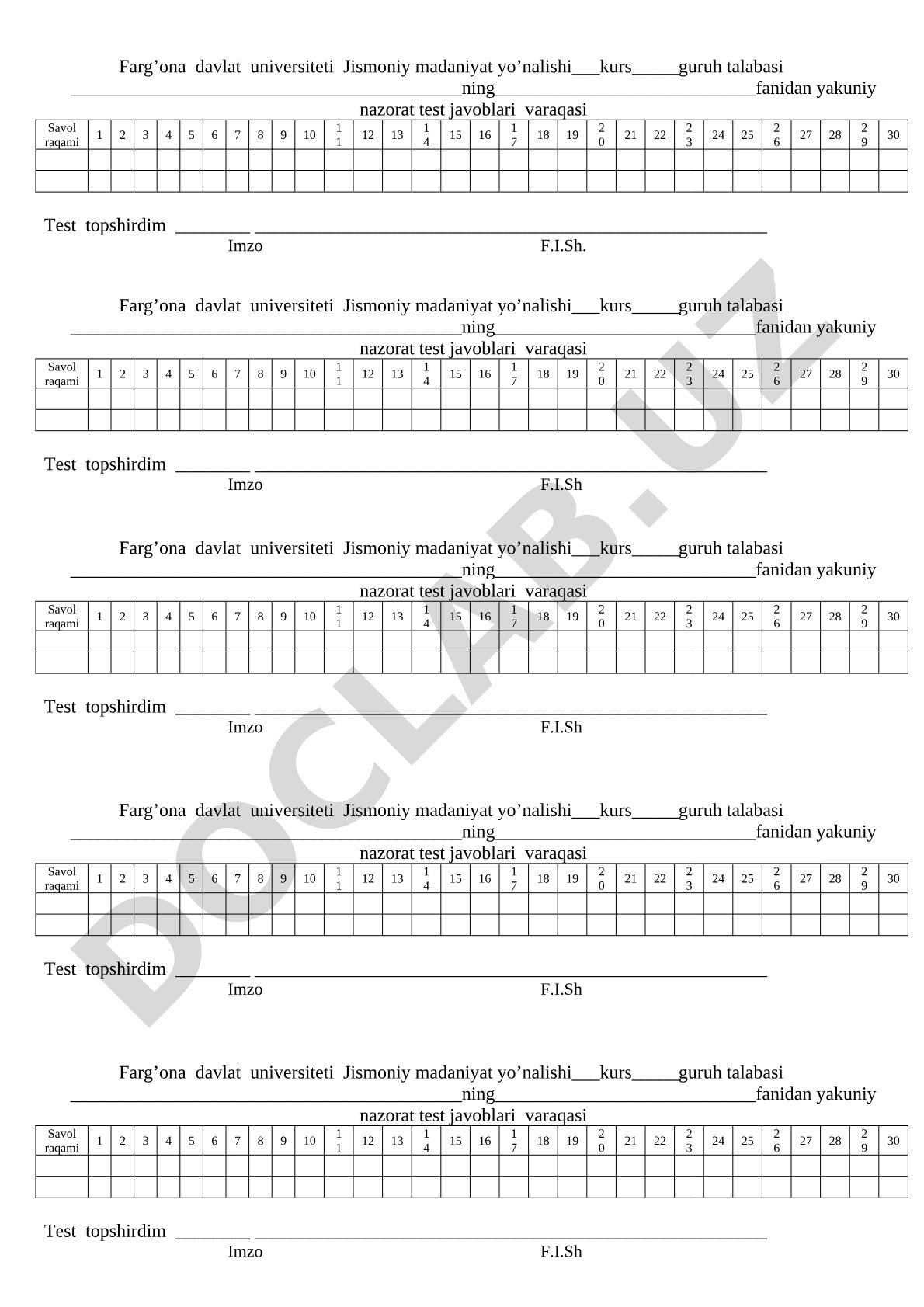 Yakuniy nazorat test javoblari varaqasi