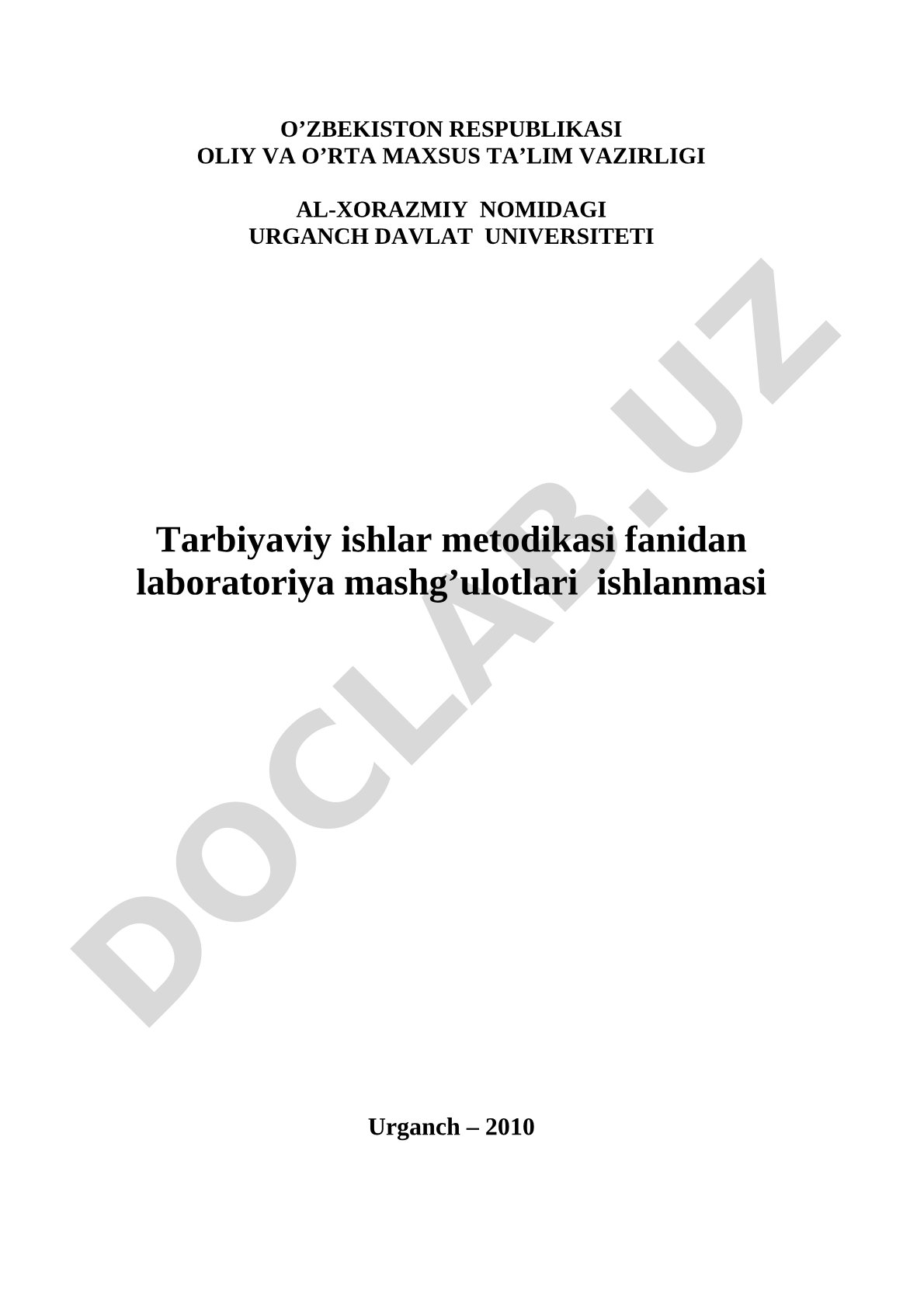 Tarbiyaviy ishlar metodikasi fanidan laboratoriya mashg'ulotlari ishlanmasi