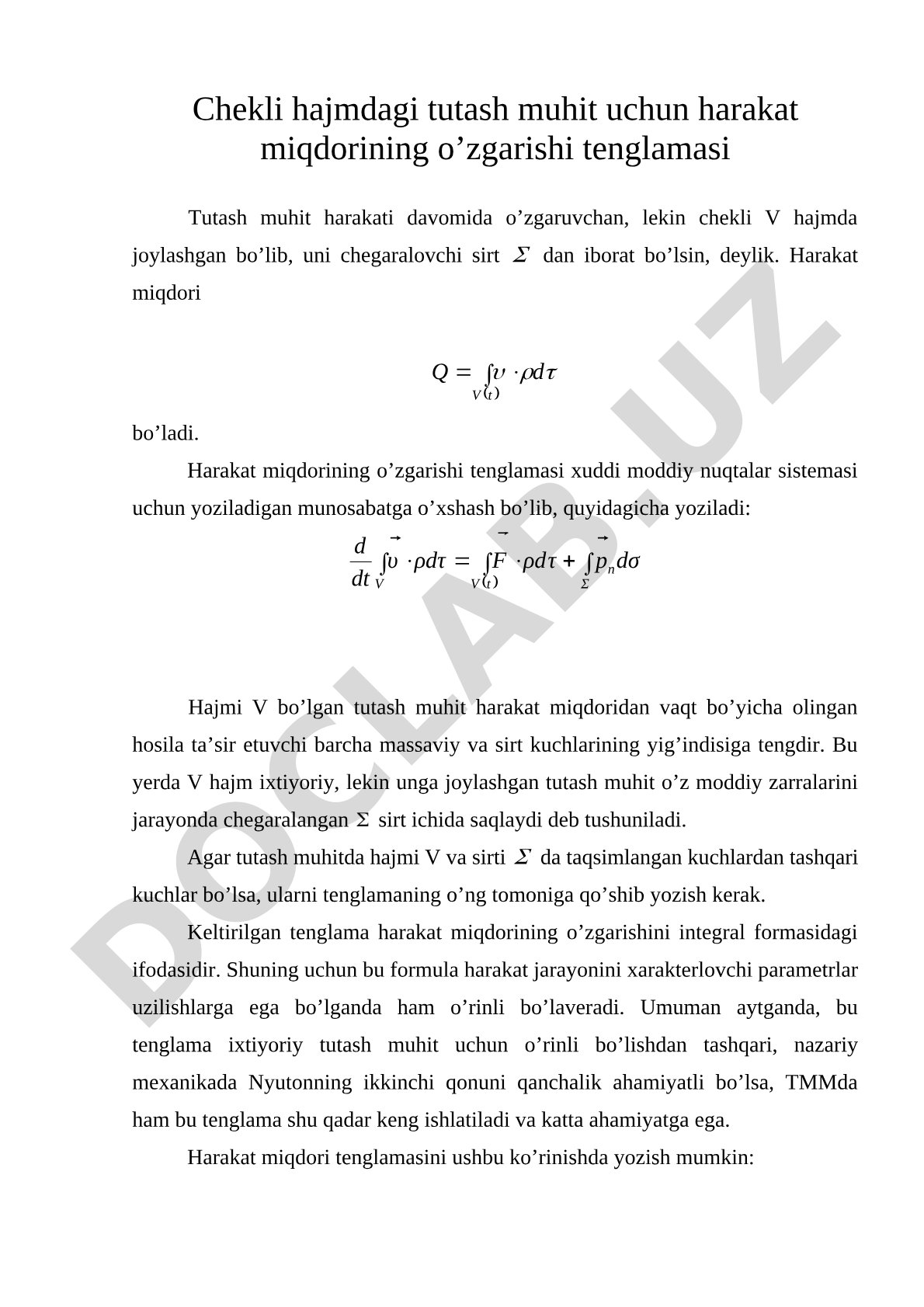Chekli hajmdagi tutash muhit uchun harakat miqdorining o'zgarishi tenglamasi