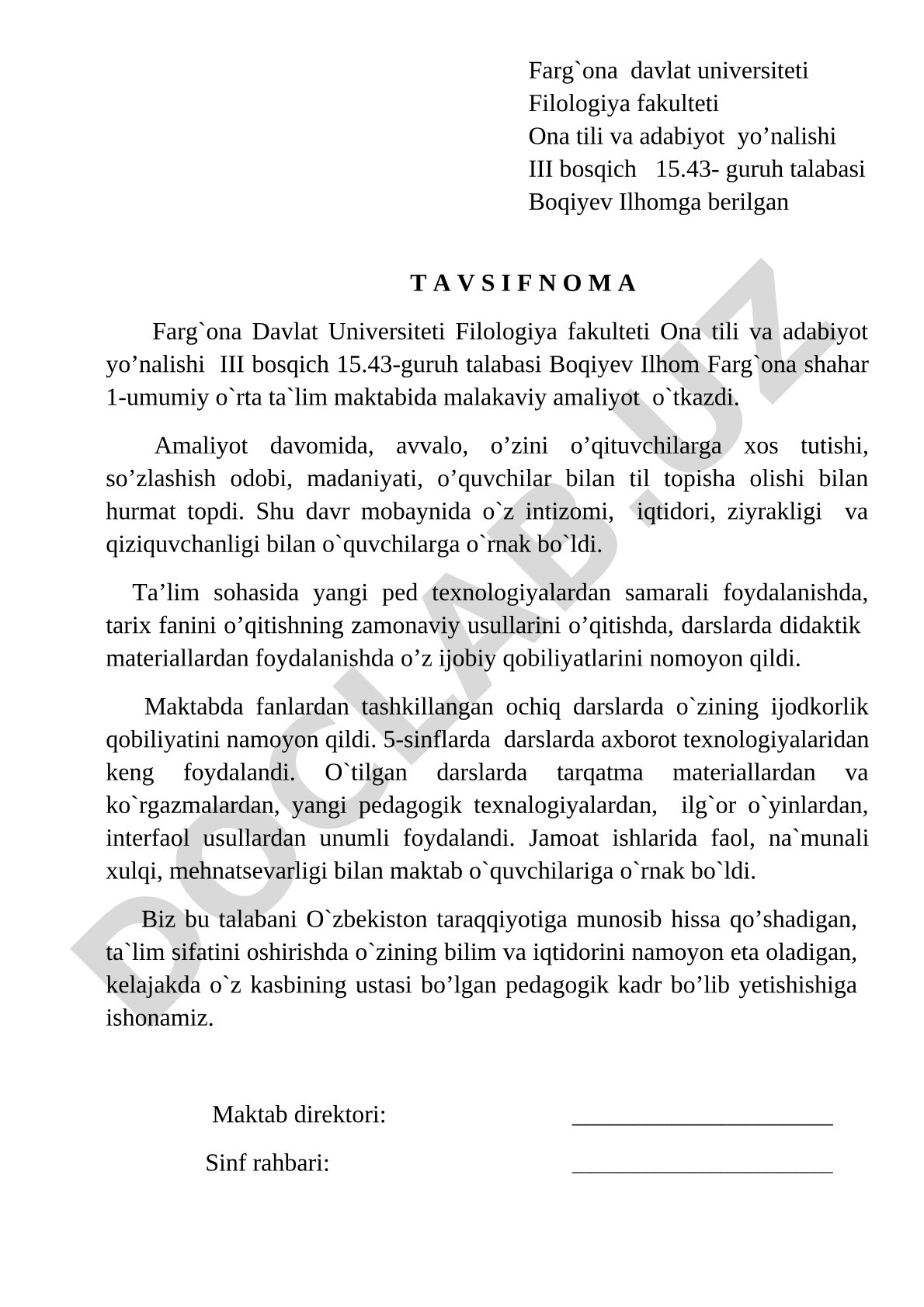 Boqiyev Ilhomga berilgan tavsifnoma