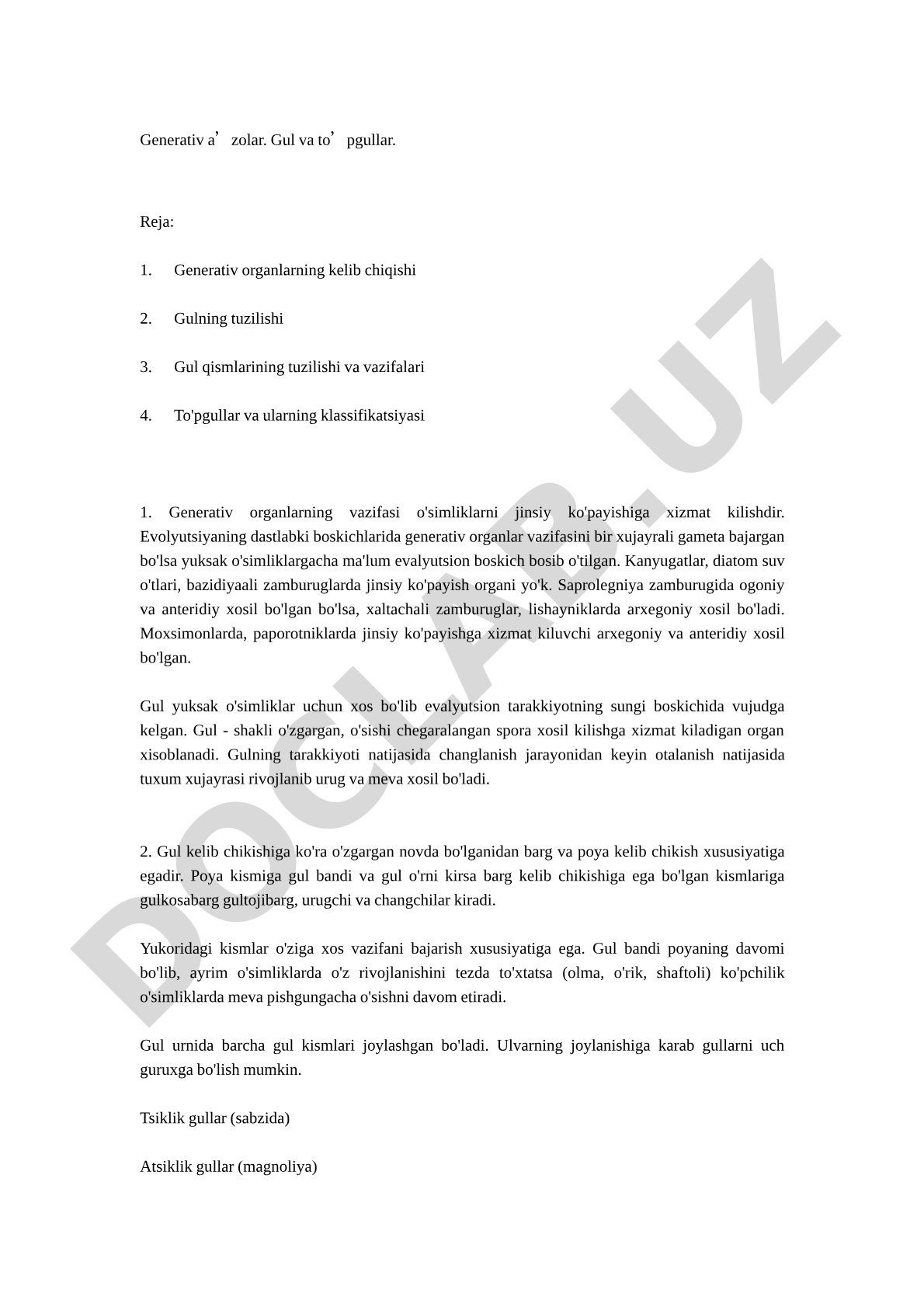 Generativ a'zolar, gul va to'pgullar