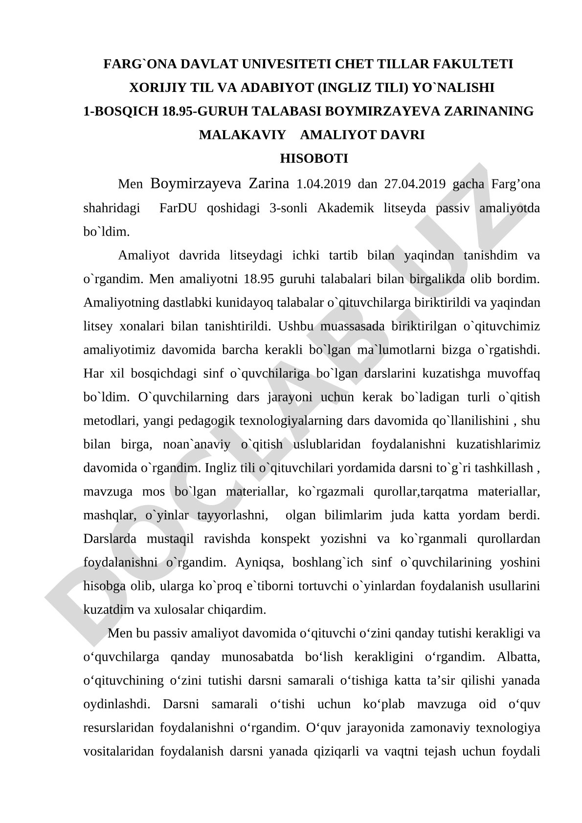 Malakaviy amaliyot davri hisoboti