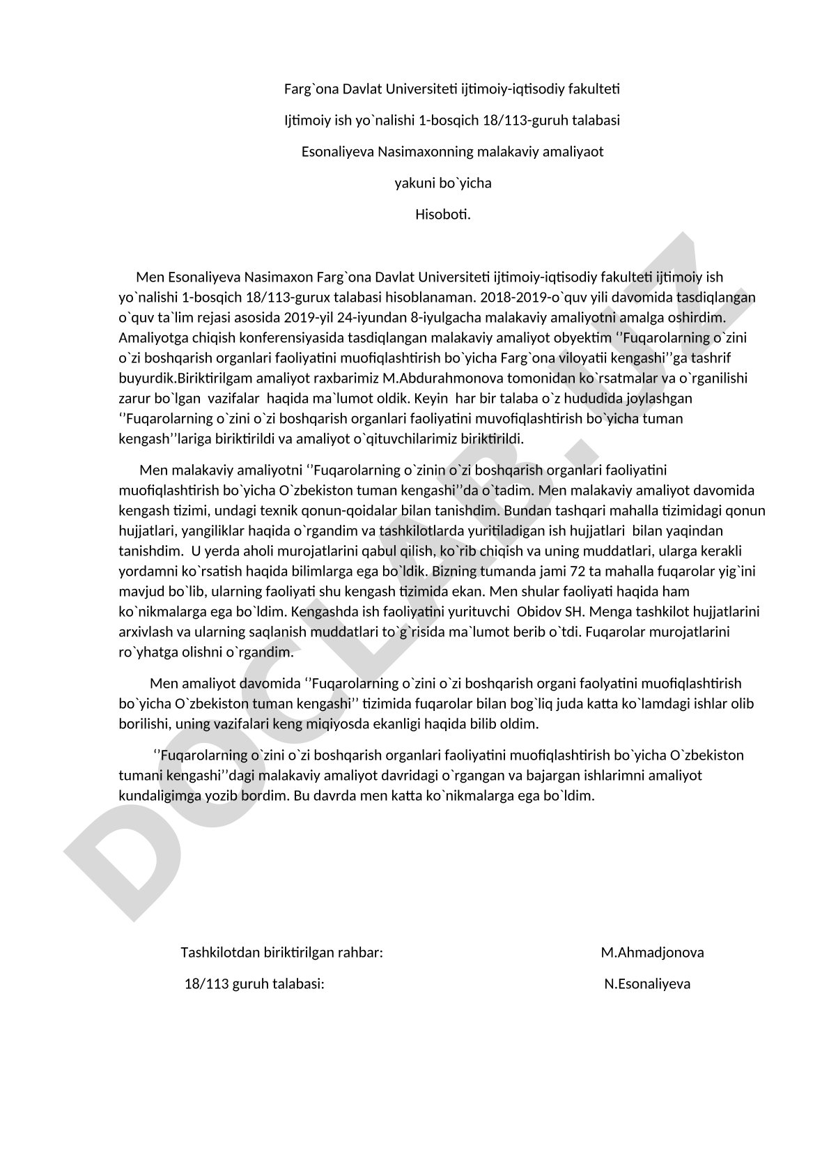 Malakaviy amaliyot hisoboti