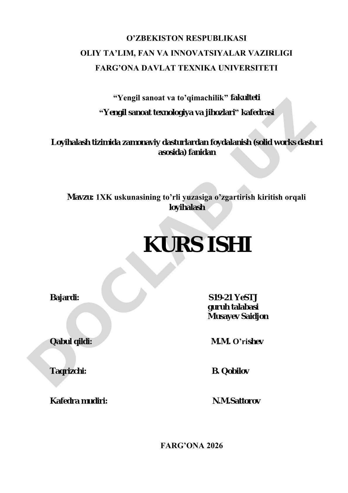 1XK uskunasining to'rli yuzasiga o'zgartirish kiritish orqali loyihalash