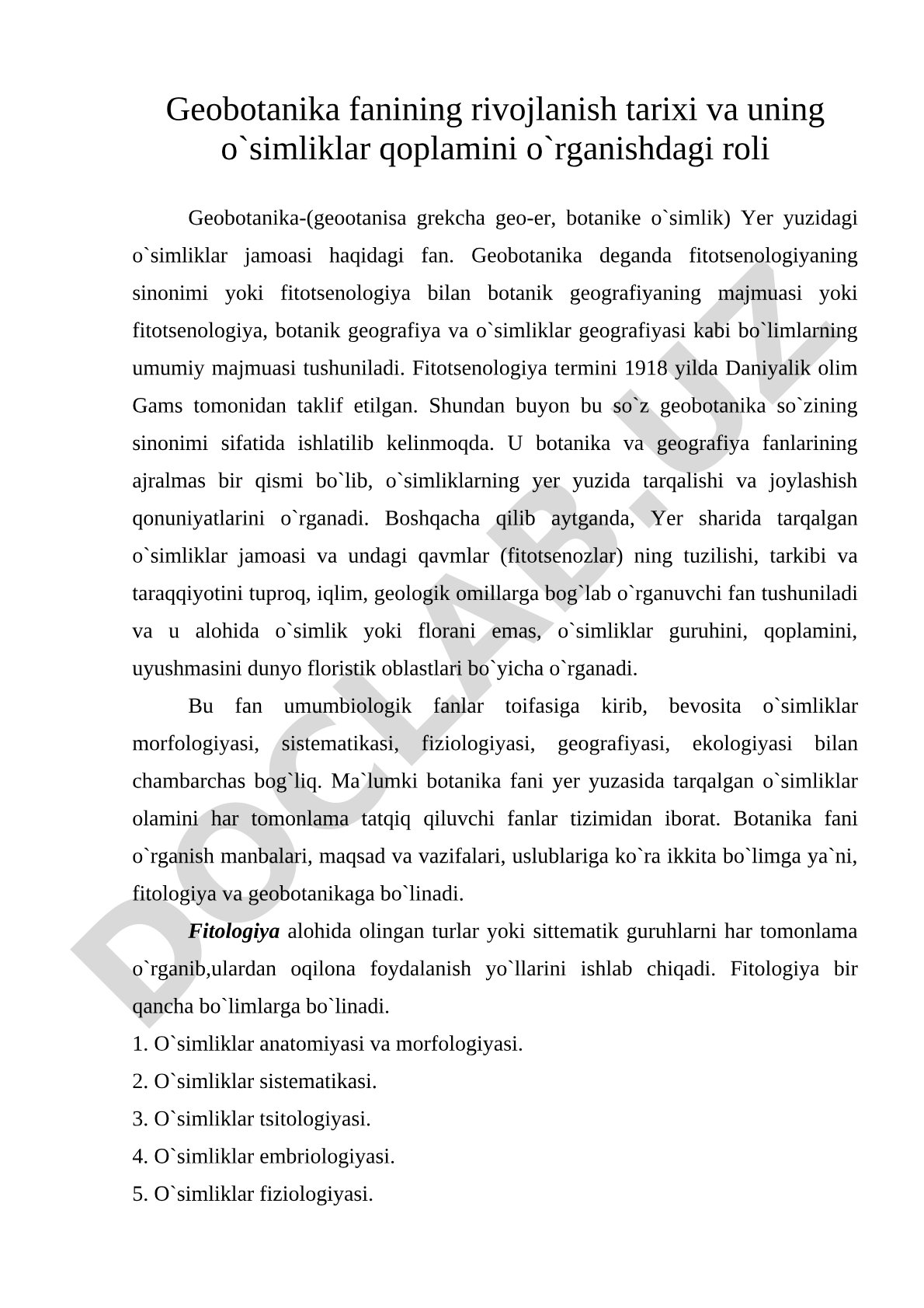 Geobotanika fanining rivojlanish tarixi va uning o'simliklar qoplamini o'rganishdagi roli