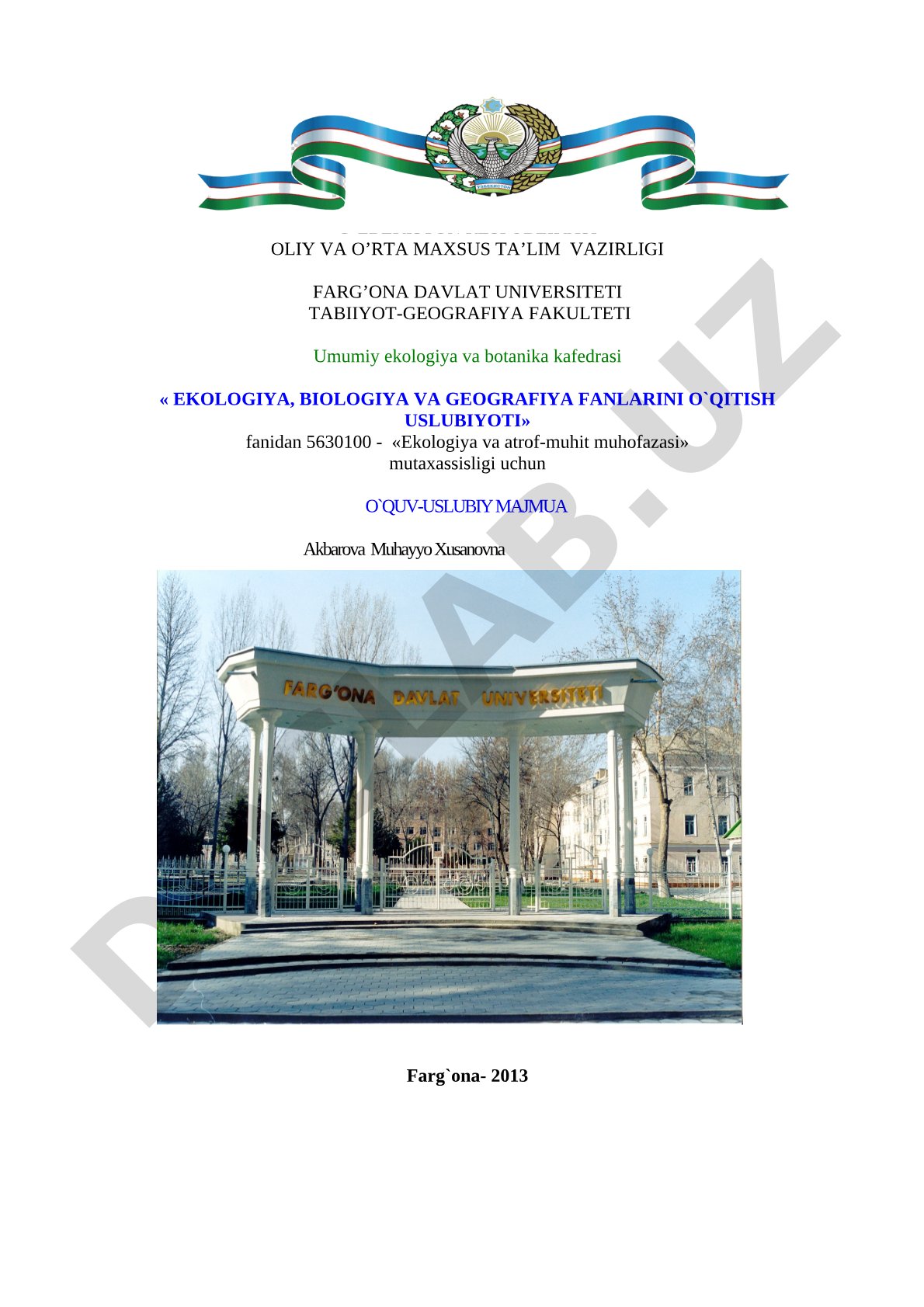 Ekologiya, biologiya va geografiya fanlarini o'qitish uslubiyoti fanidan o'quv-uslubiy majmua