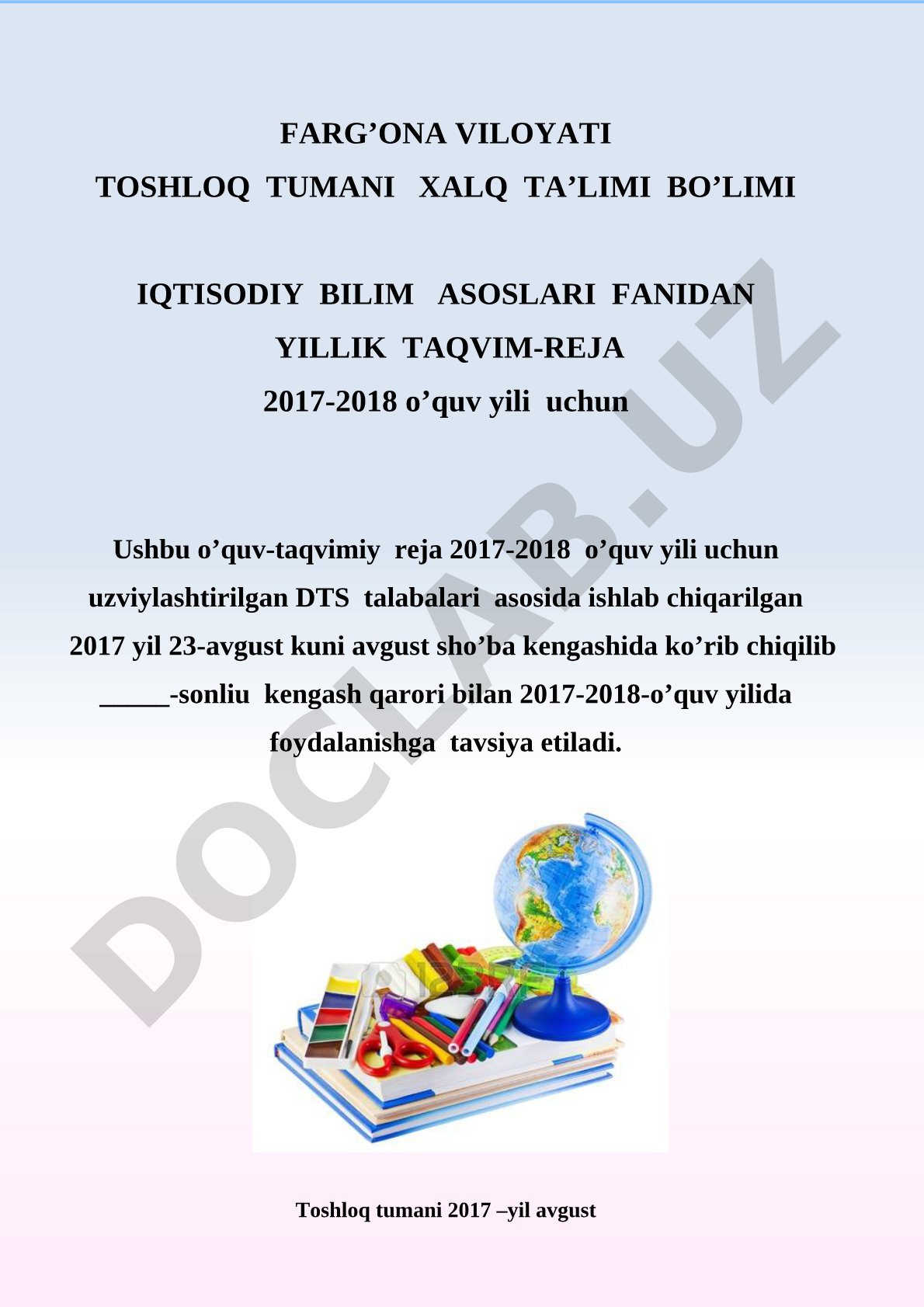 Iqtisodiy bilim asoslari fanidan yillik taqvim-reja 2017-2018
