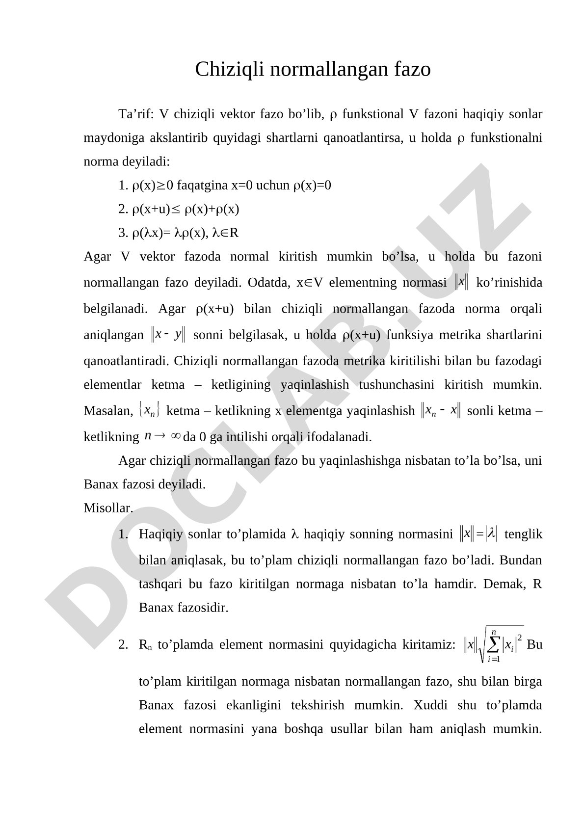 Chiziqli normallangan fazo ta'rifi va misollari