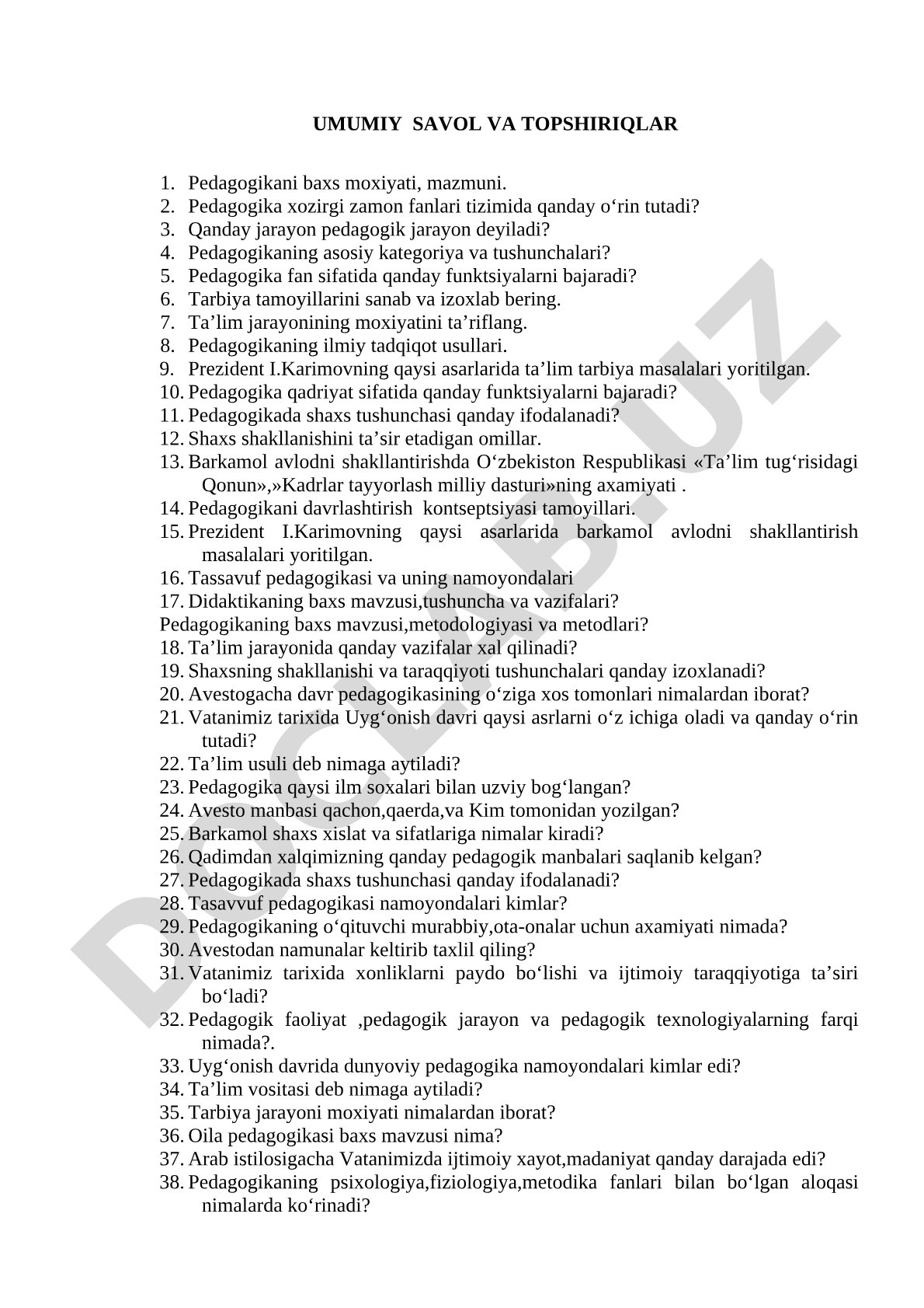 Pedagogika fanidan umumiy savol va topshiriqlar