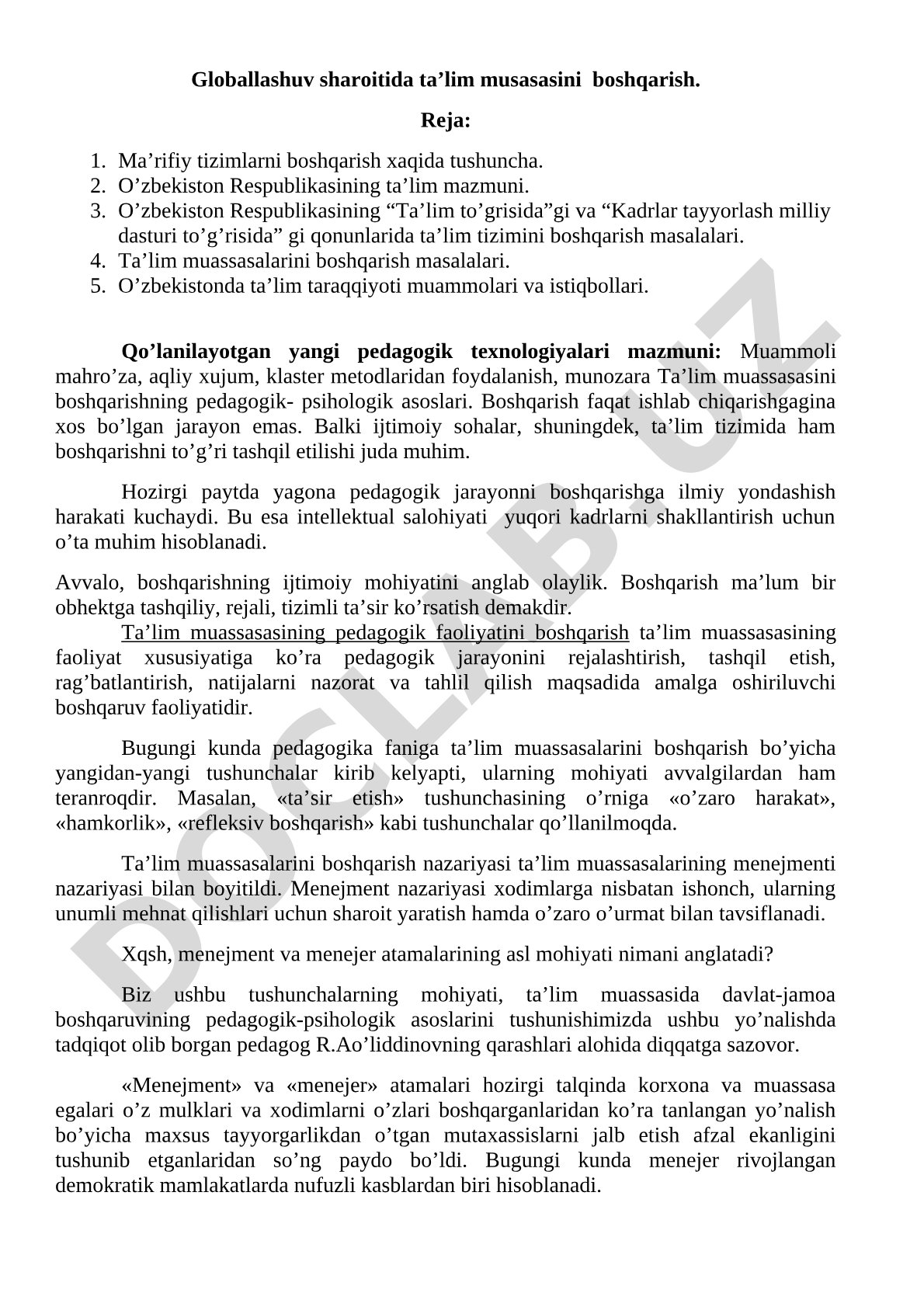 Globallashuv sharoitida ta’lim muassasasini boshqarish