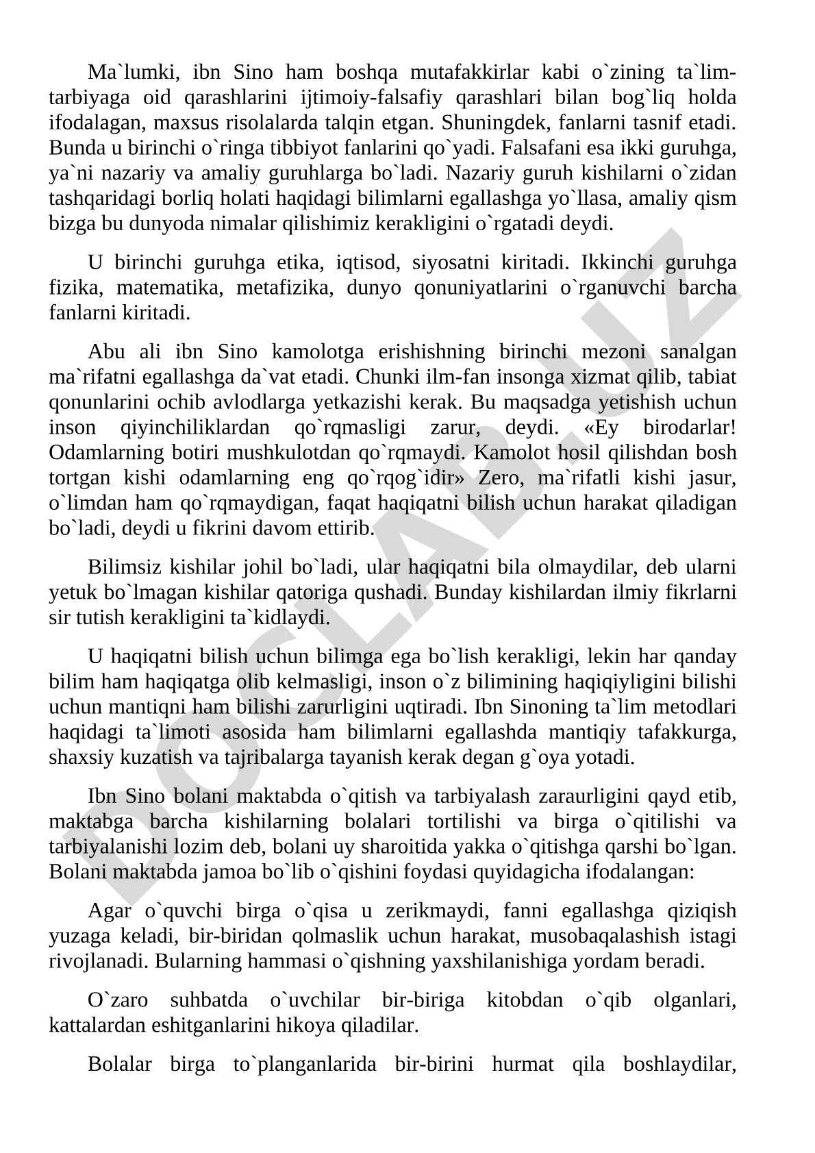 Ibn Sinoning ta'lim-tarbiya va fanlar tasnifi haqidagi qarashlari