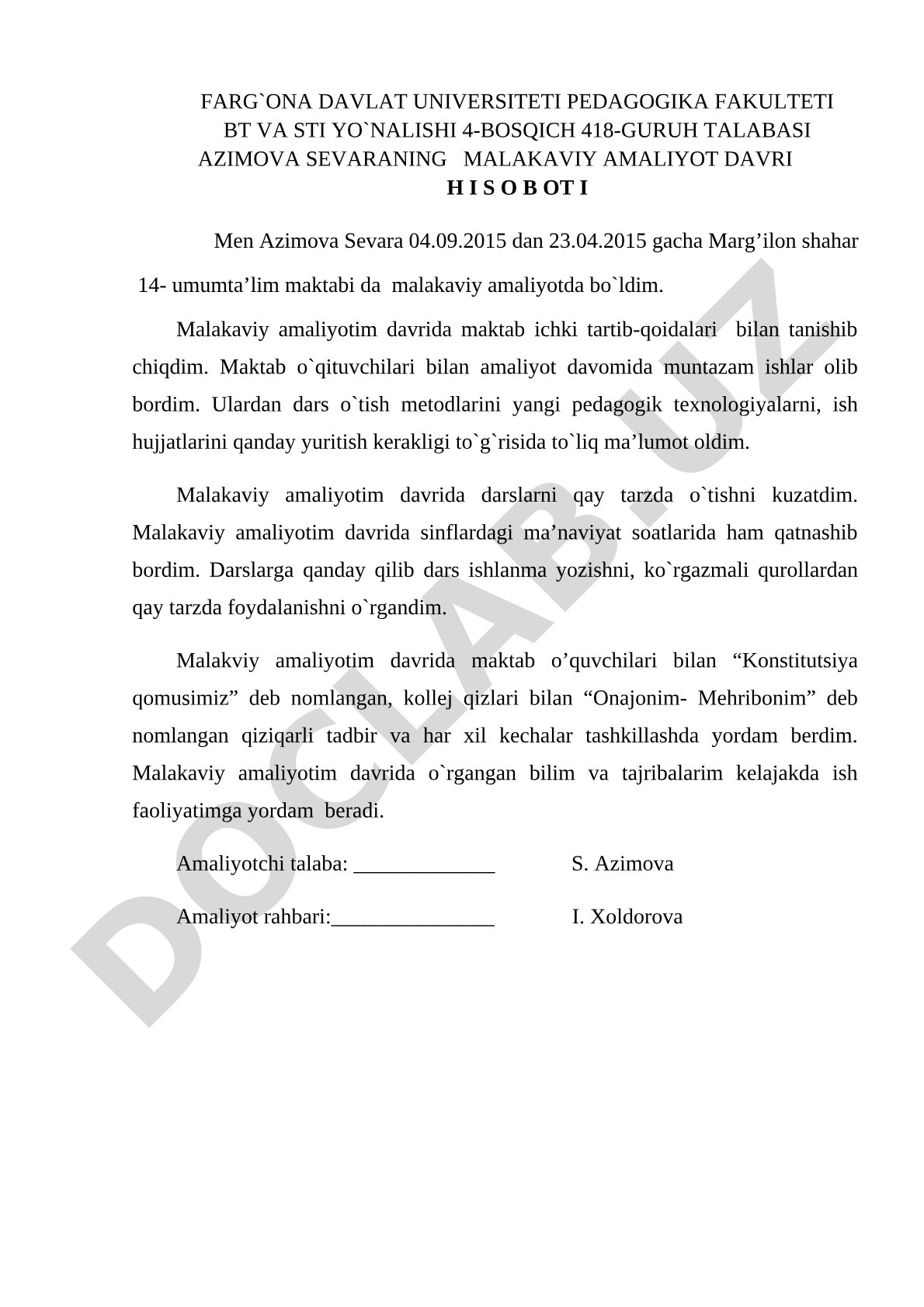 Azimova Sevaraning malakaviy amaliyot hisoboti