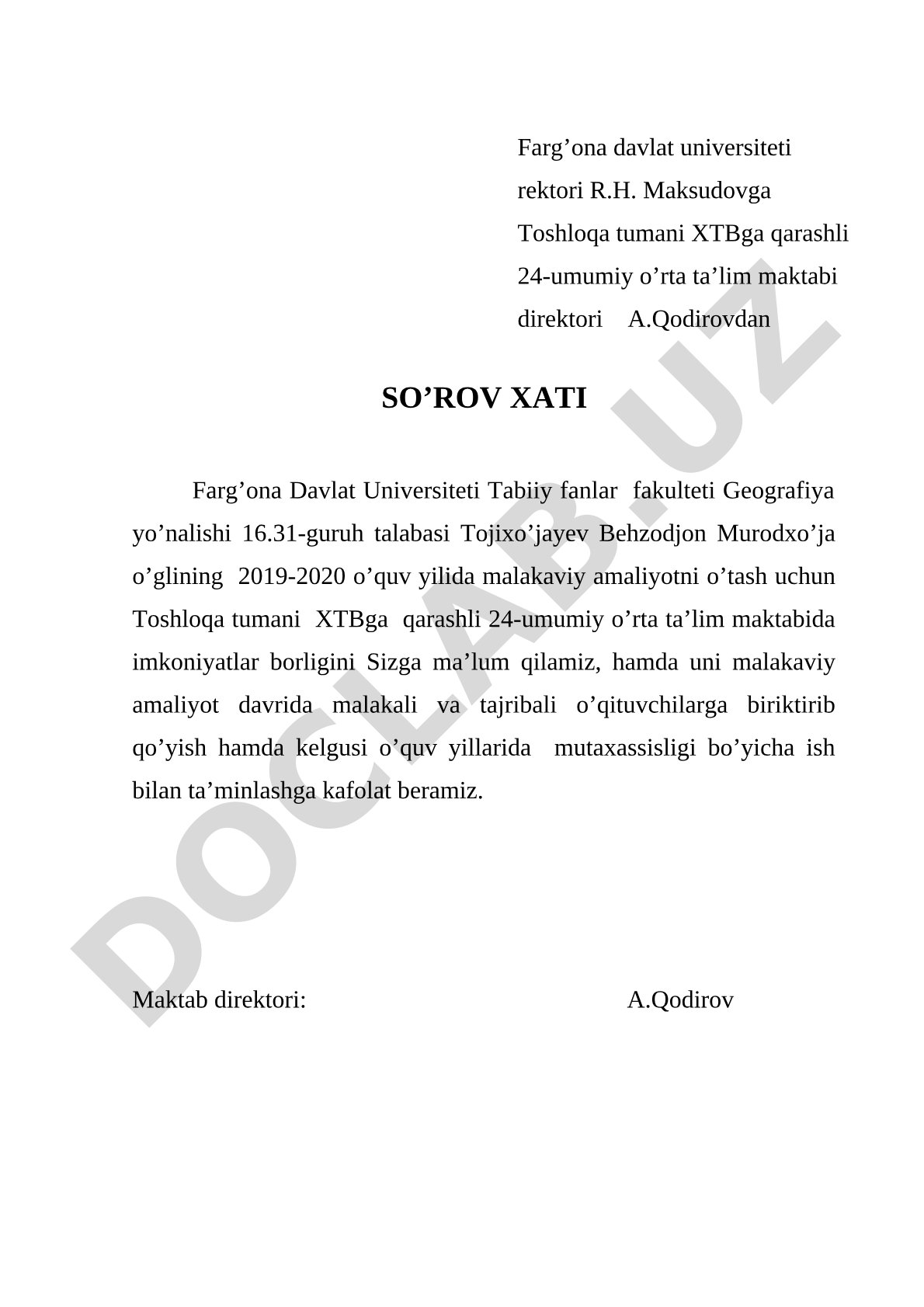 Malakaviy amaliyot o'tash uchun so'rov xati