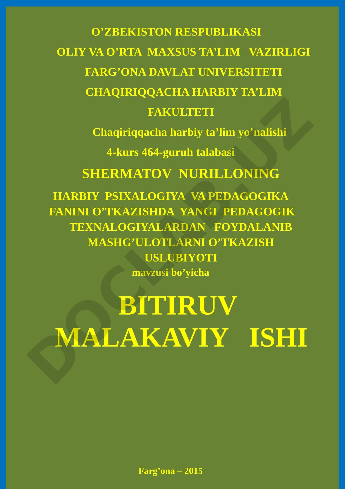 Harbiy psixalogiya va pedagogika fanini o'tkazishda yangi pedagogik texnalogiyalardan foydalanib mashg'ulotlarni o'tkazish uslubiyoti
